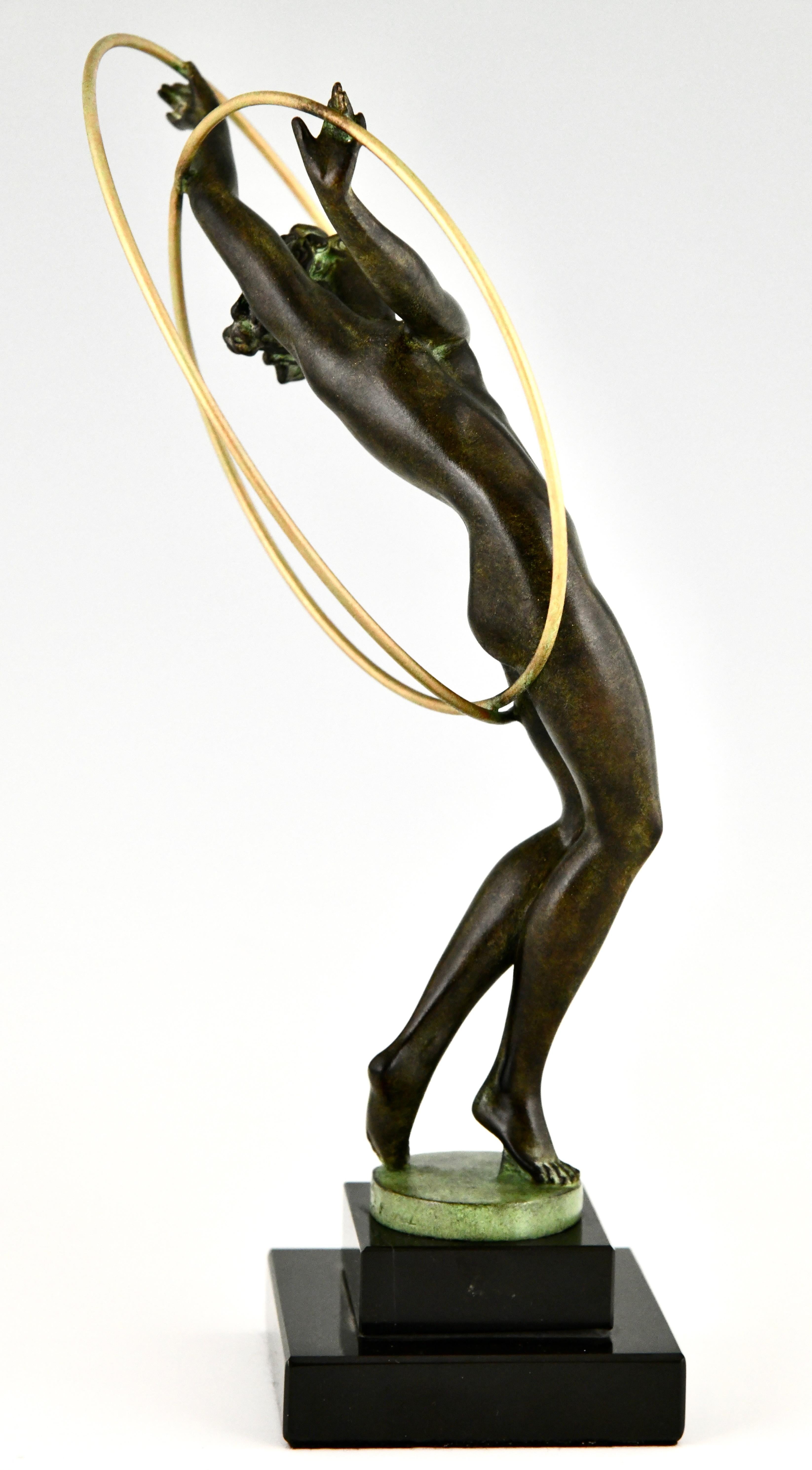 French Art Deco style Sculpture Nude Hoop Dancer ILLUSION by Fayral for Max Le Verrier For Sale
