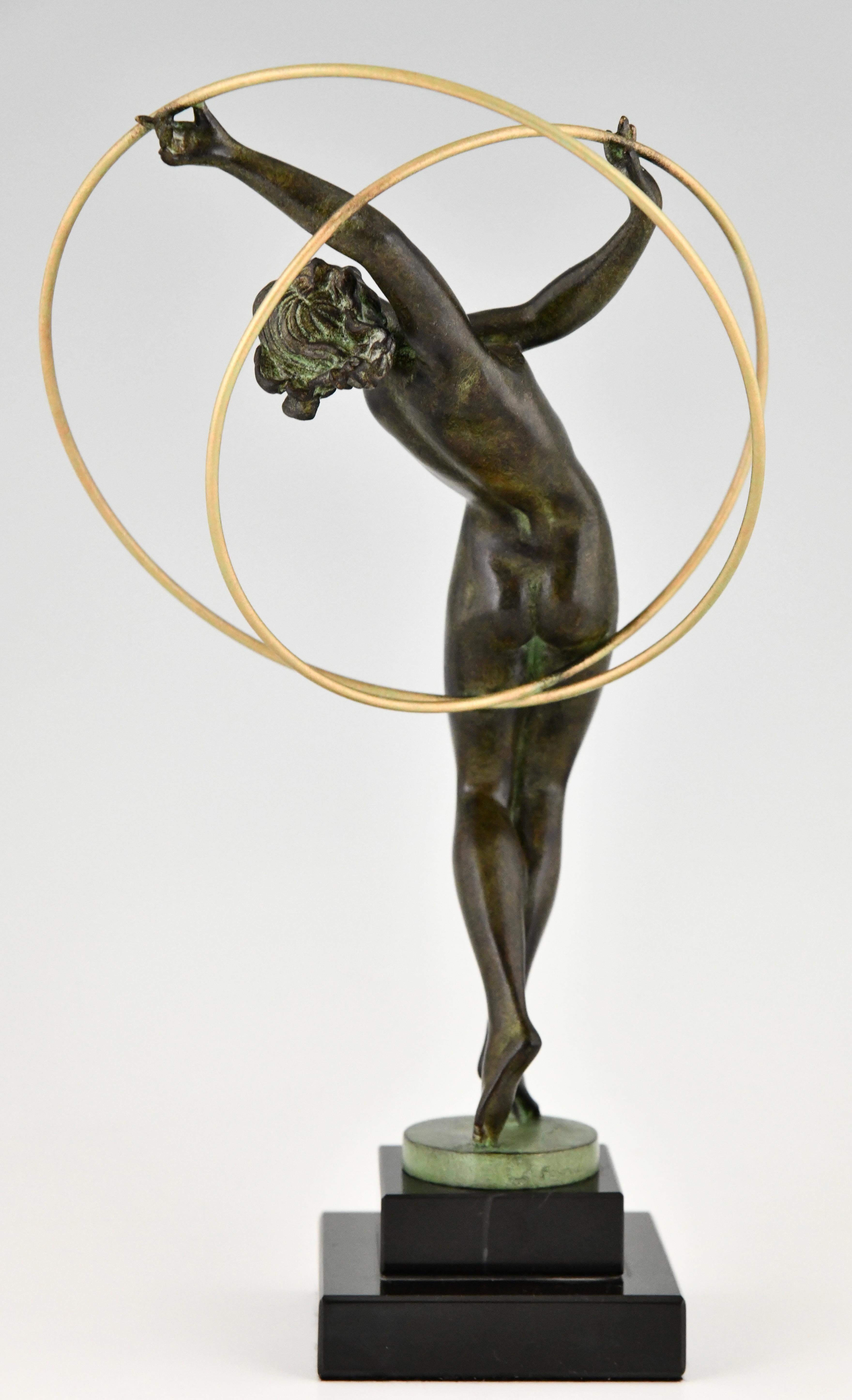 Patinated Art Deco style Sculpture Nude Hoop Dancer ILLUSION by Fayral for Max Le Verrier For Sale