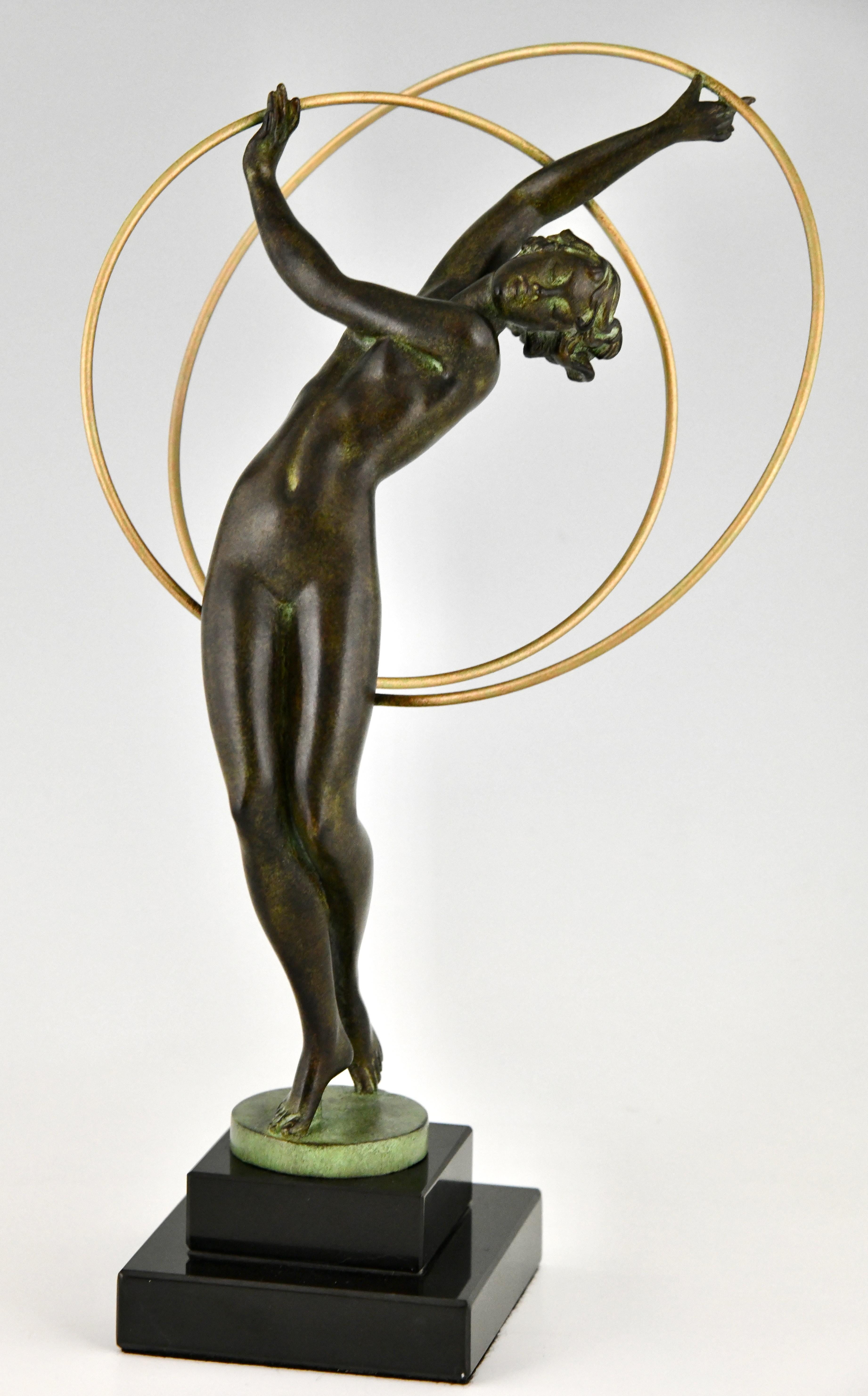 Metal Art Deco style Sculpture Nude Hoop Dancer ILLUSION by Fayral for Max Le Verrier For Sale