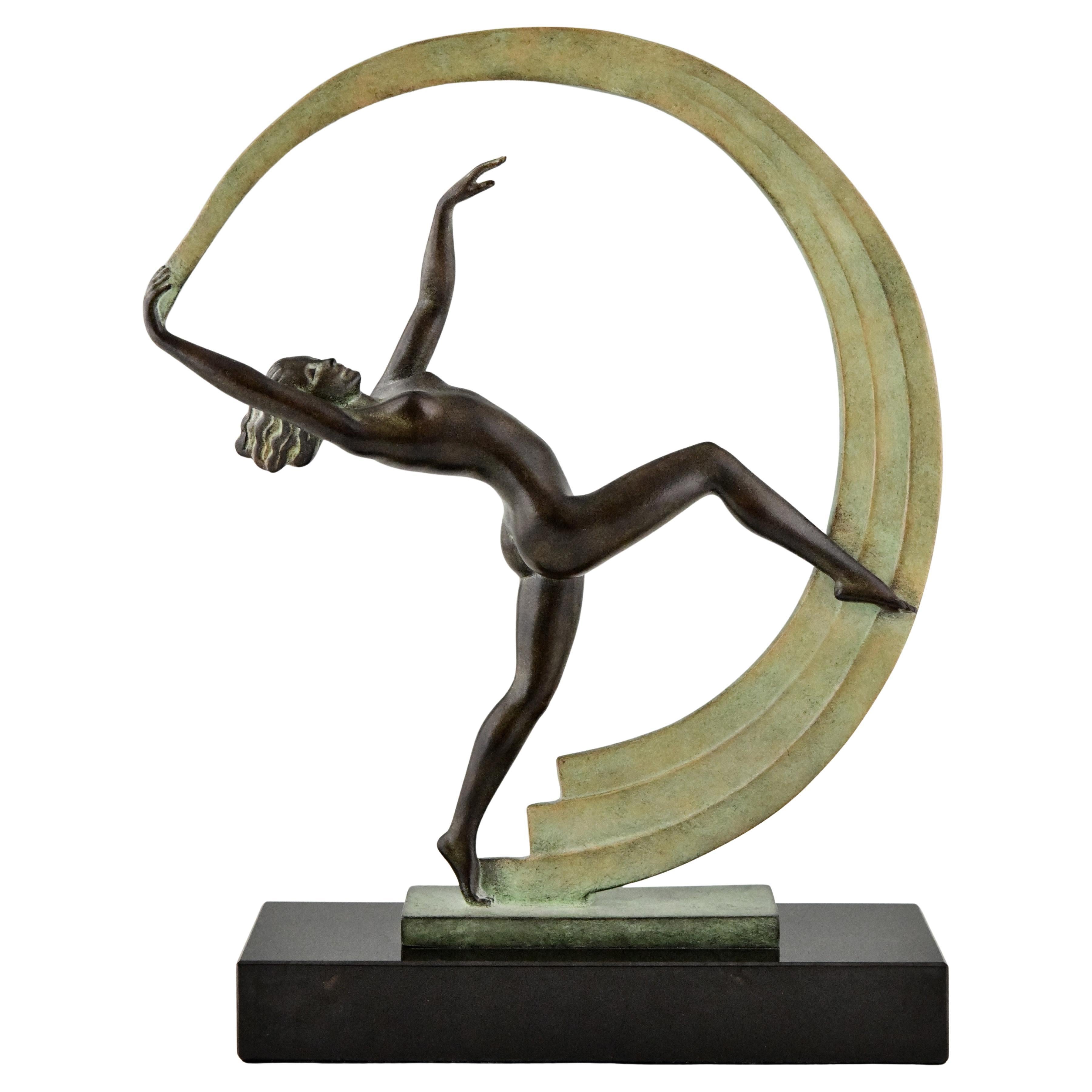 Art Deco style sculpture nude scarf dancer Bacchanale by Janle & Max Le Verrier