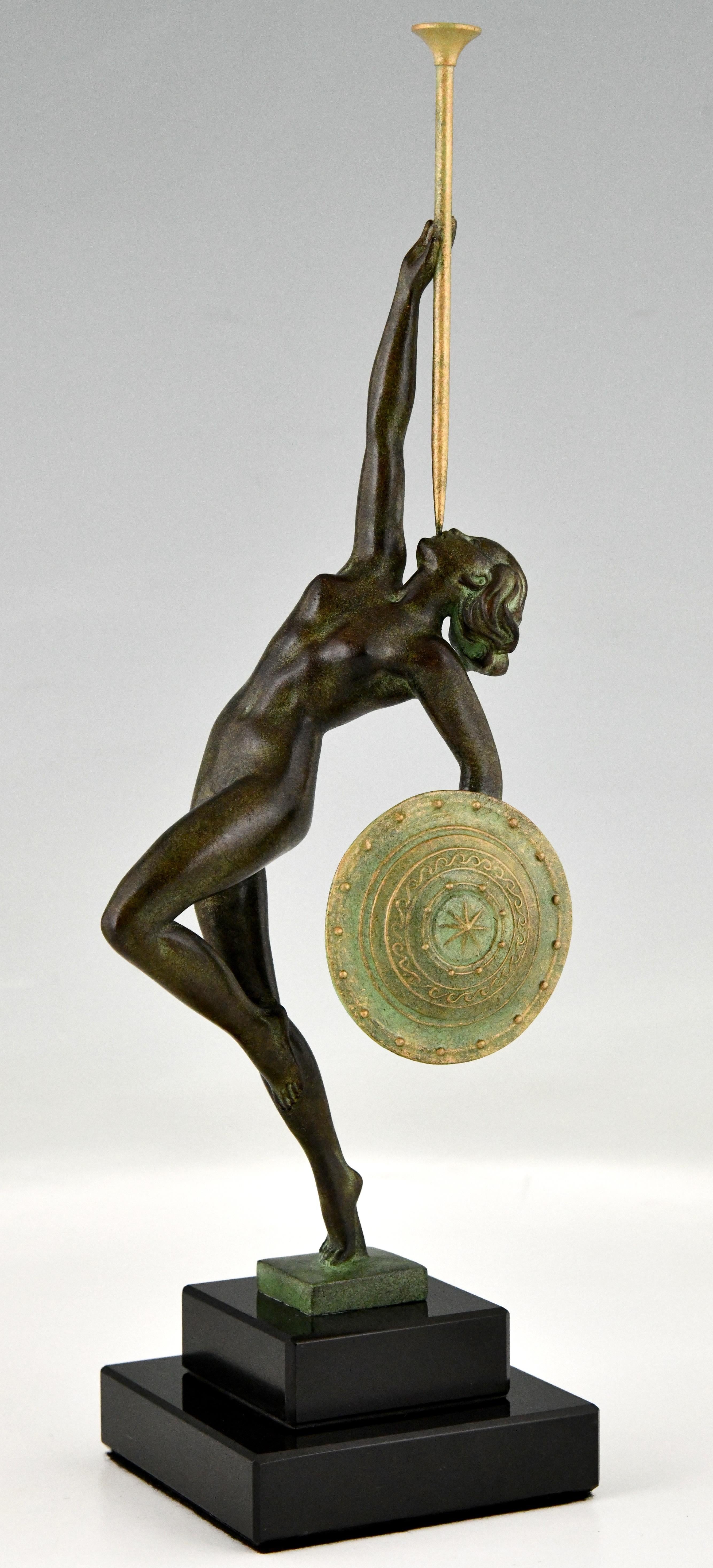 Jericho, Art Deco style sculpture of a nude with shield and trumpet by Raymonde Guerbe, the wife of the French sculptor Pierre Le Faguays. 
Design ca. 1930. 
Posthumous contemporary cast by the Le Verrier foundry. 
Handcrafted.  
With Certificate of