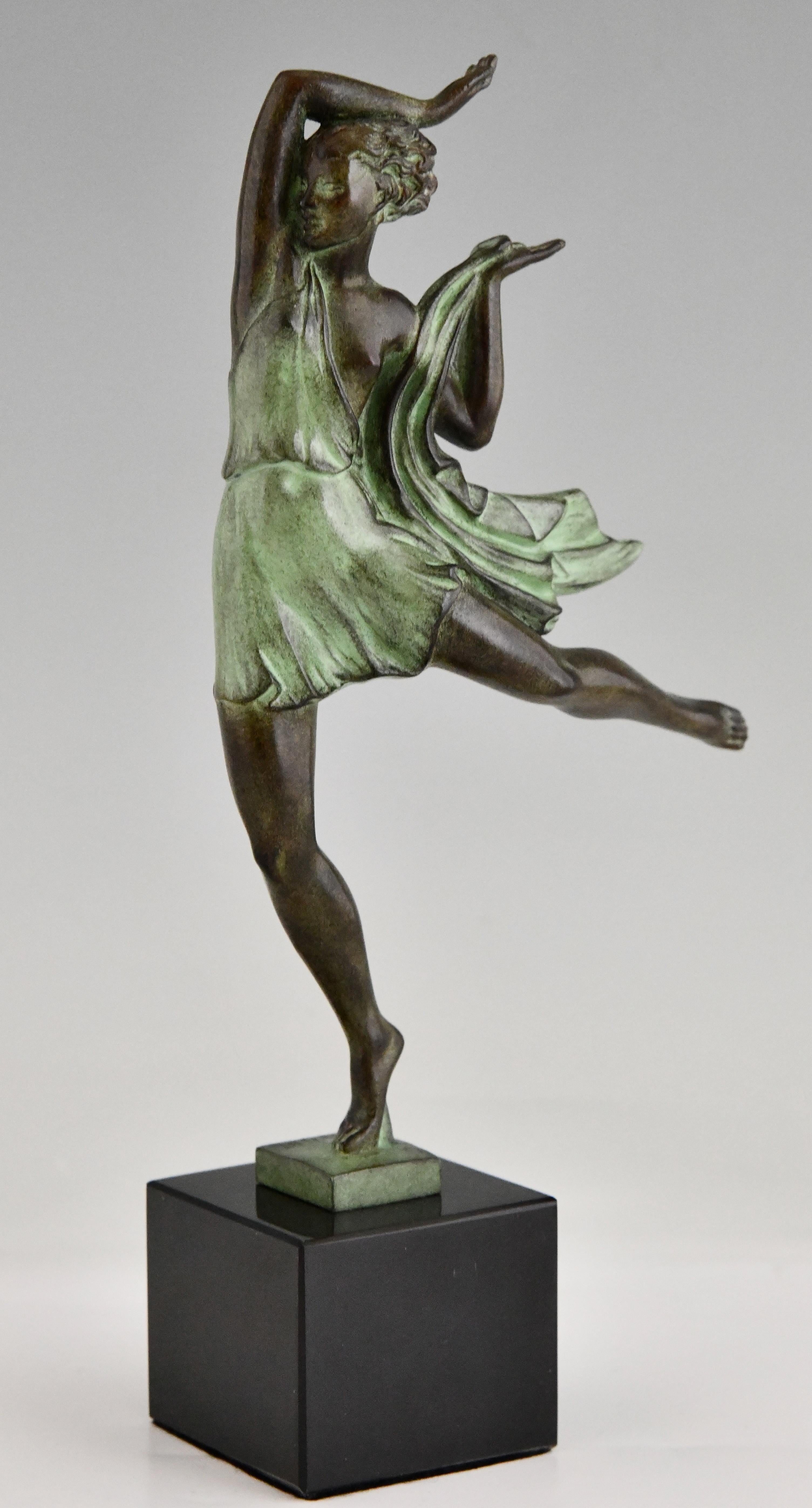 Art Deco style sculpture of a dancer Allegresse. 
Signed Fayral, pseudonym of Pierre Le Faguays.
With the Le Verrier foundry mark.
Design 1930.
Posthumous contemporary cast of the Le Verrier foundry. 
With Certificate of Authenticity.
