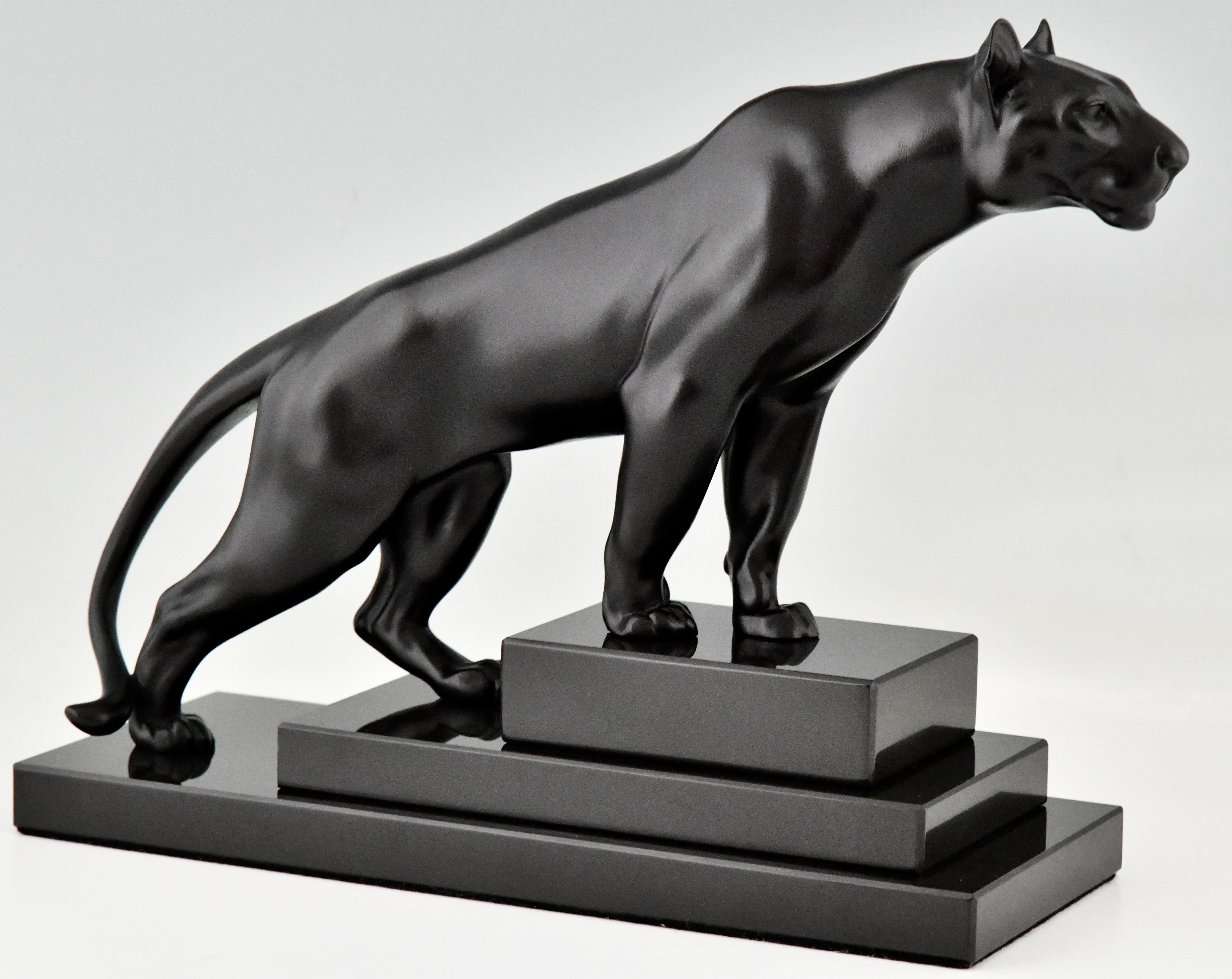 Patinated Art Deco style Sculpture of a Panther JUNGLE by Max Le Verrier, France For Sale
