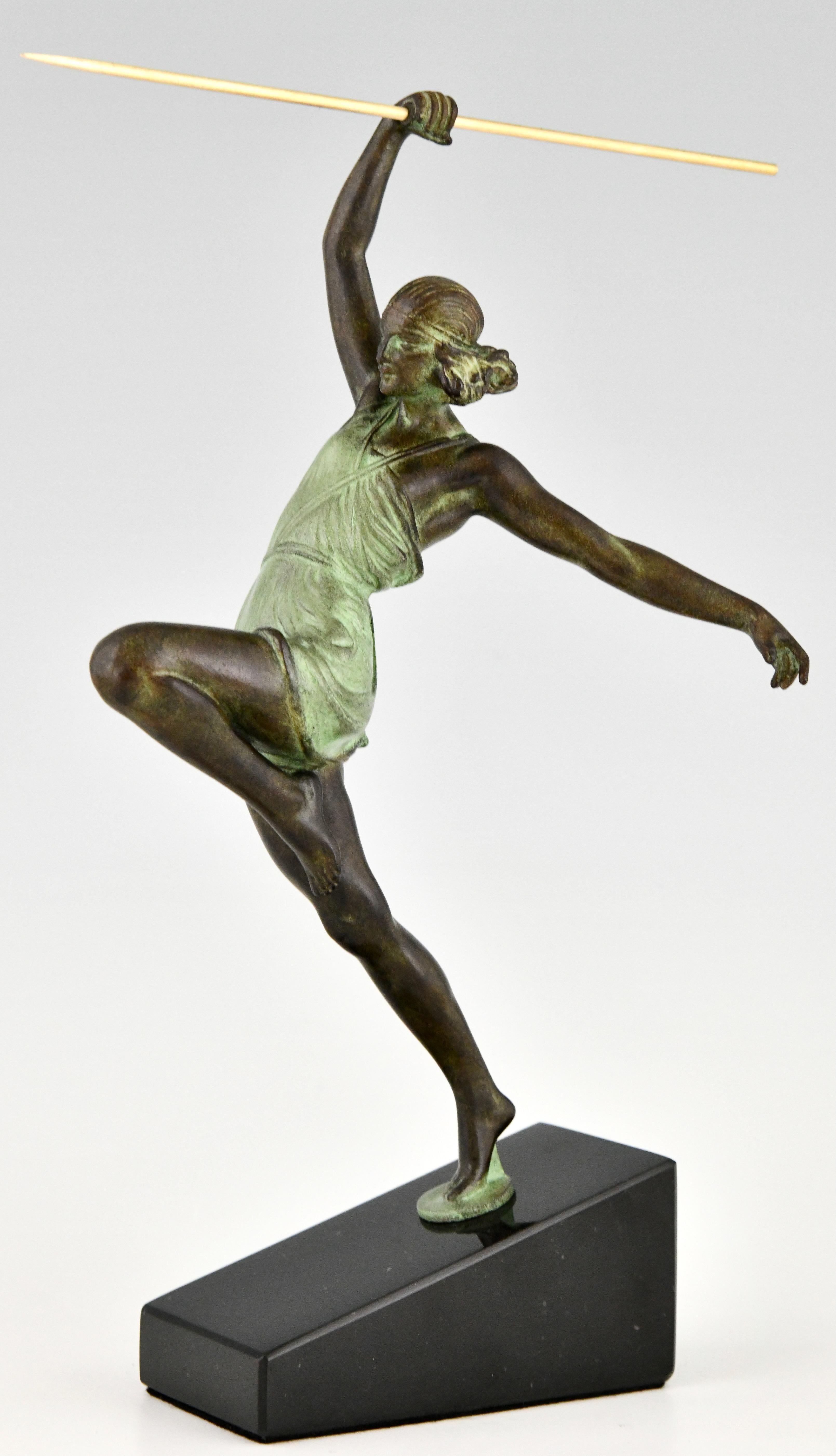 Art Deco style sculpture woman with spear AMAZONE signed by Fayral, Pierre Le Faguays for Max le Verrier. Patinated Art Metal. Black marble base.
Design 1930. Posthumous contemporary cast. 

This sculpture is illustrated in:
Max le Verrier, un