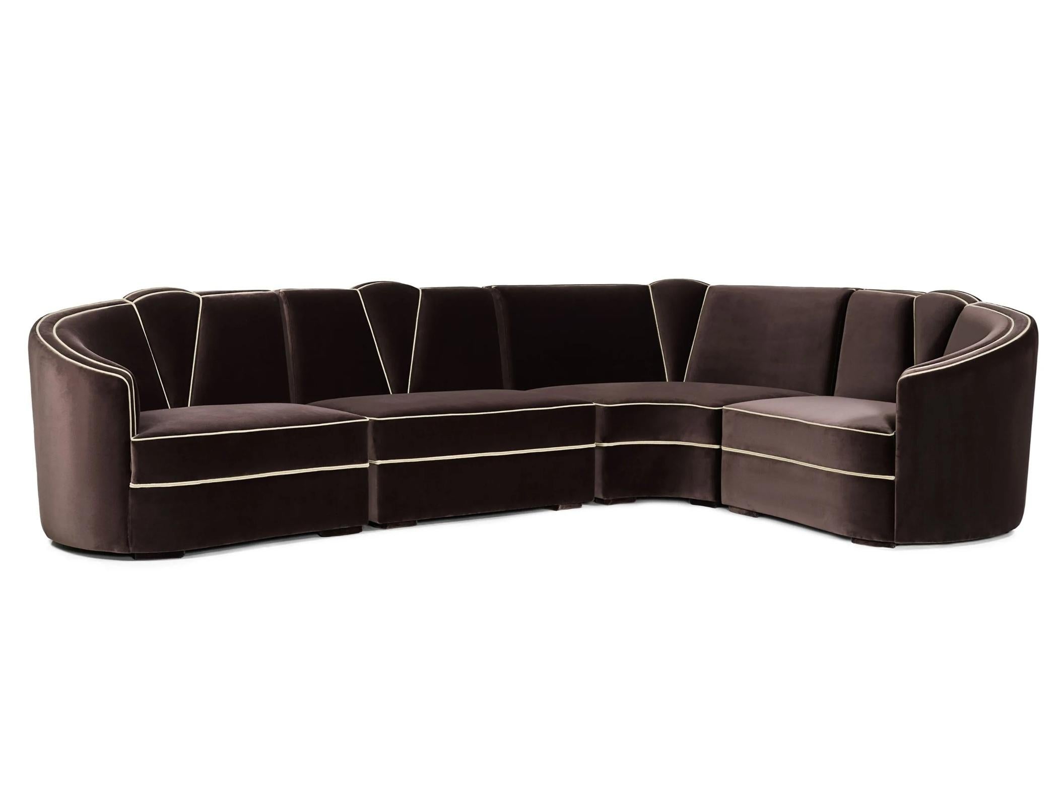 Art Deco Style Sectional Sofa in Ruby Red Velvet with Toned Piping For Sale 4