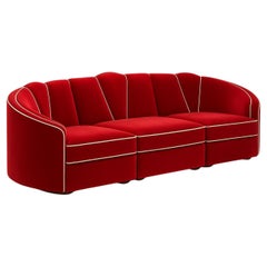 Art Deco Style Sectional Sofa in Ruby Red Velvet with Toned Piping