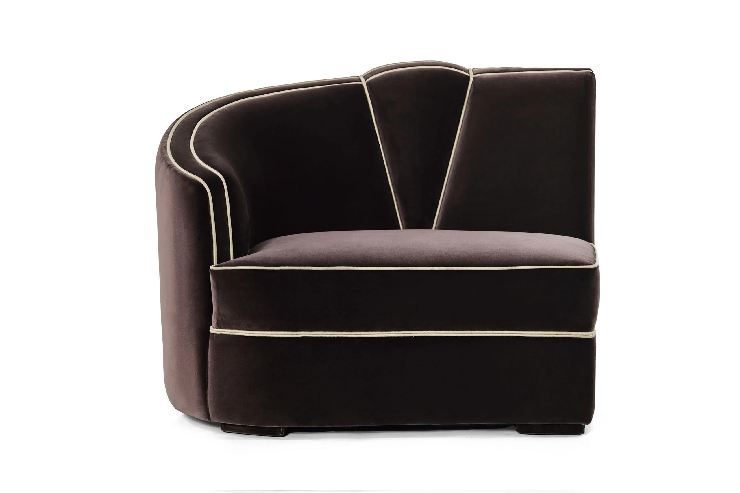Modern Art Deco Style Sectional Sofa in Ruby Red Velvet with Toned Piping For Sale