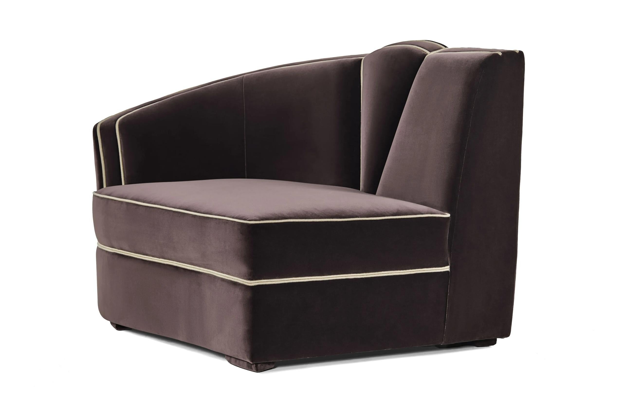 Hand-Crafted Art Deco Style Sectional Sofa in Ruby Red Velvet with Toned Piping For Sale