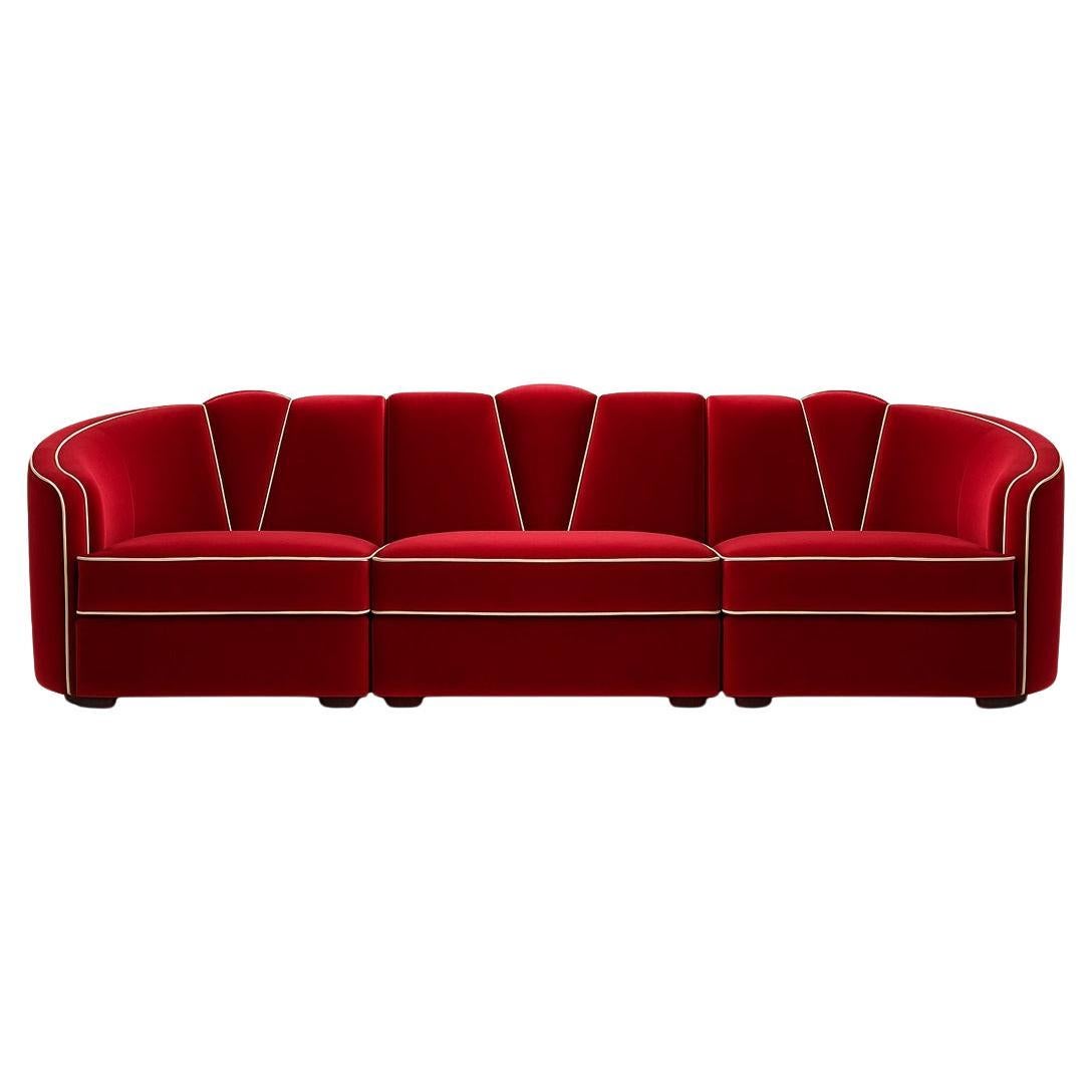 Art Deco Style Sectional Sofa in Ruby Red Velvet with Toned Piping For Sale