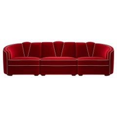 Art Deco Style Sectional Sofa in Ruby Red Velvet with Toned Piping