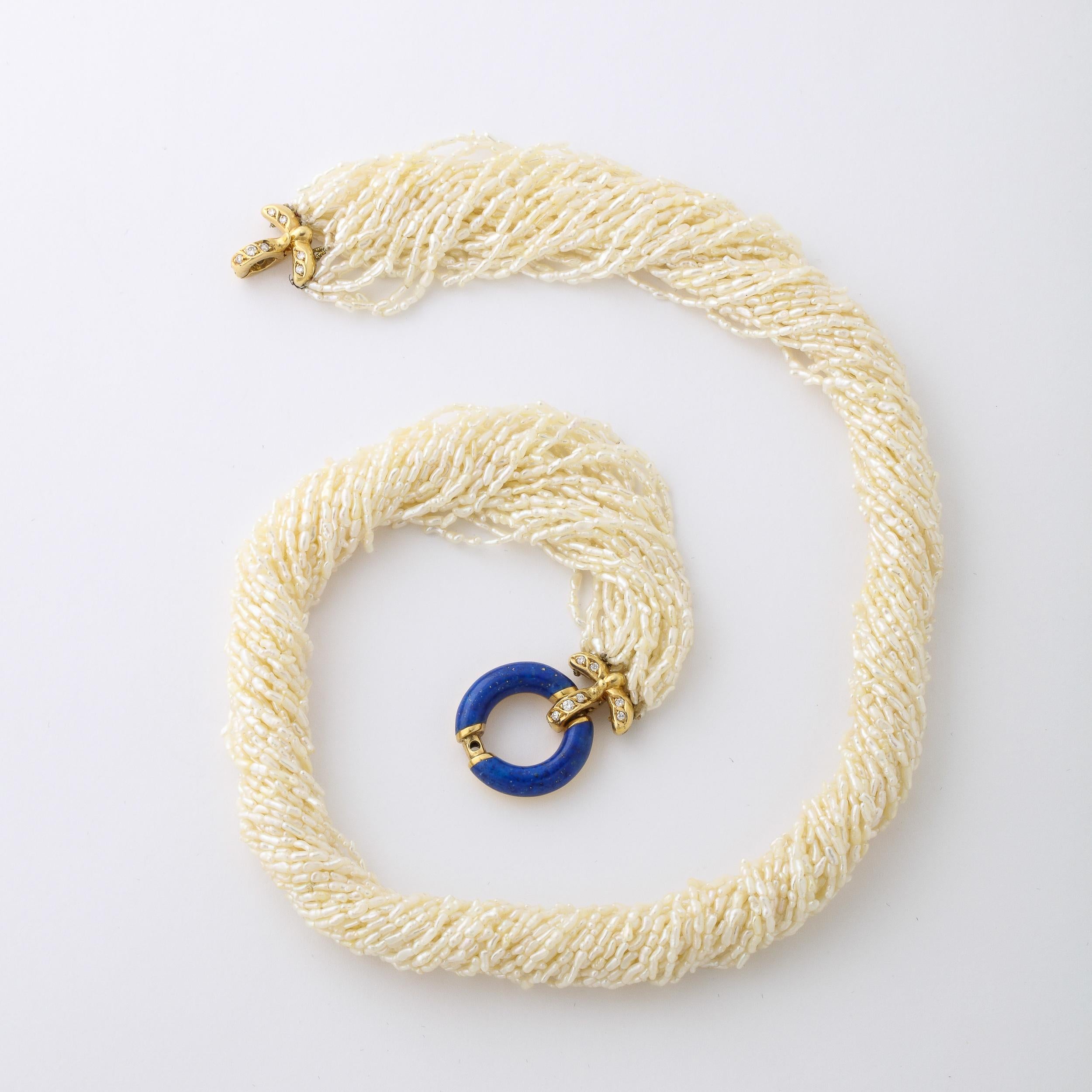 Art Deco Style Seed Pearl Multi Strand Necklace with Lapis, Gold & Diamond Clasp For Sale 4