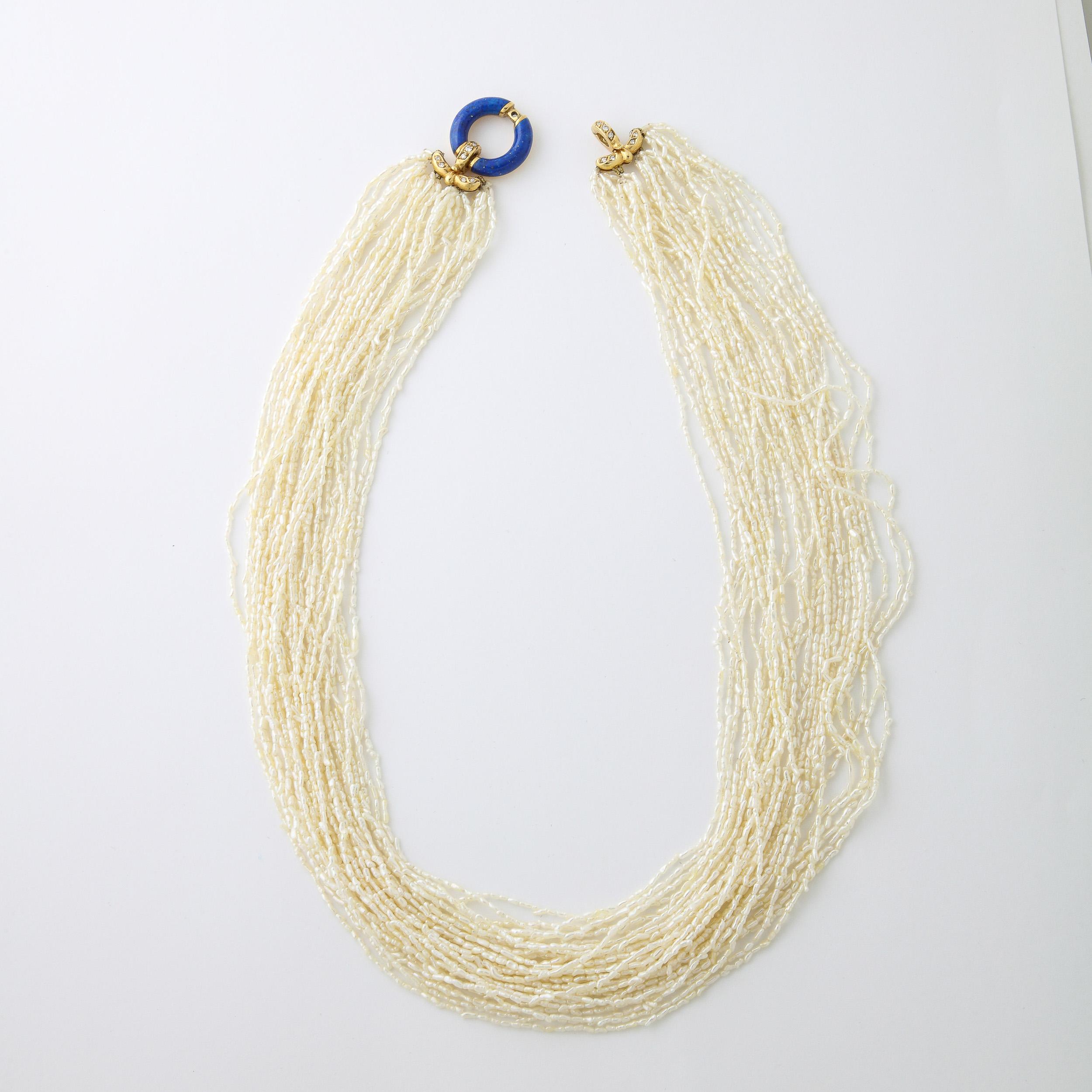 Art Deco Style Seed Pearl Multi Strand Necklace with Lapis, Gold & Diamond Clasp For Sale 5