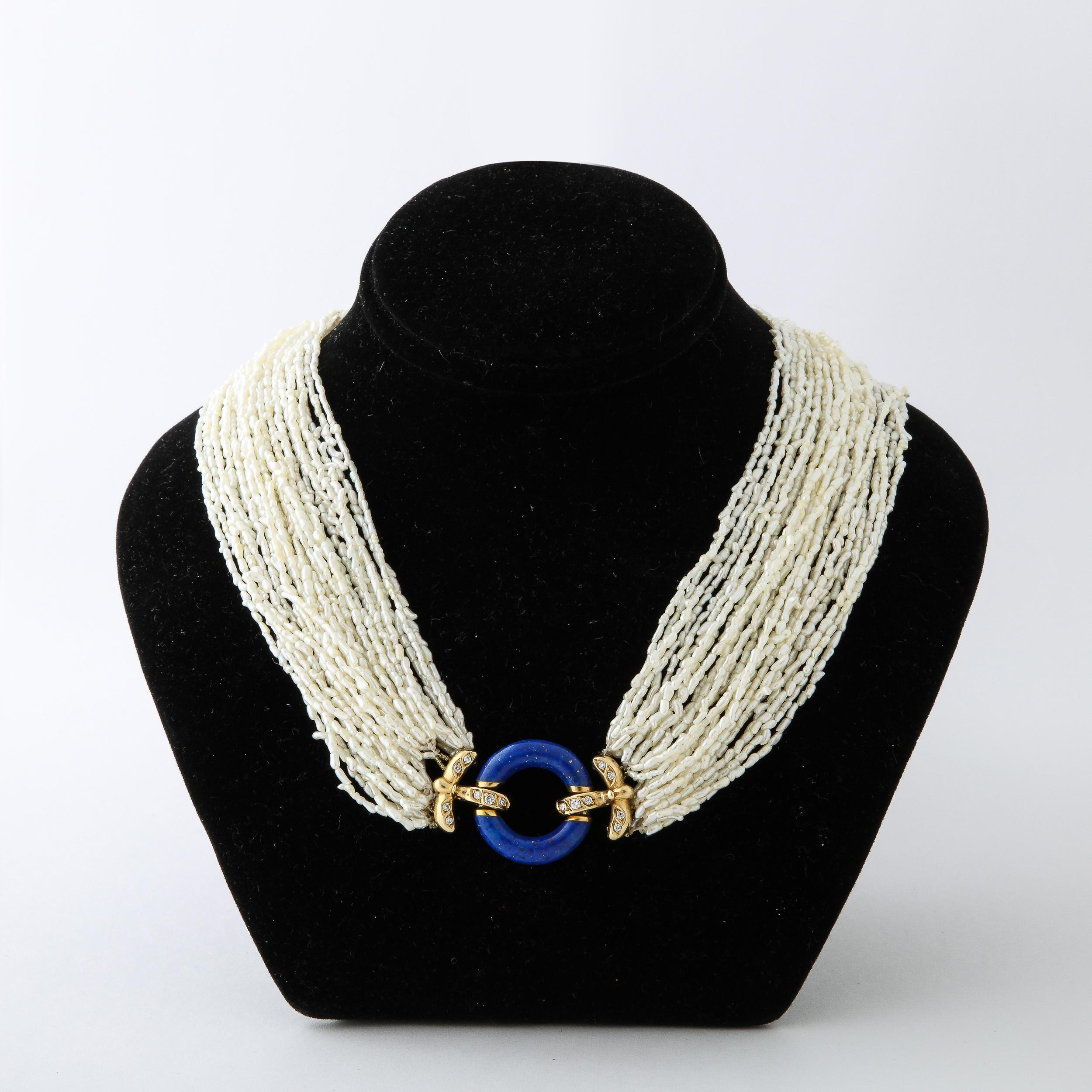 Art Deco Style Seed Pearl Multi Strand Necklace with Lapis, Gold & Diamond Clasp For Sale 6