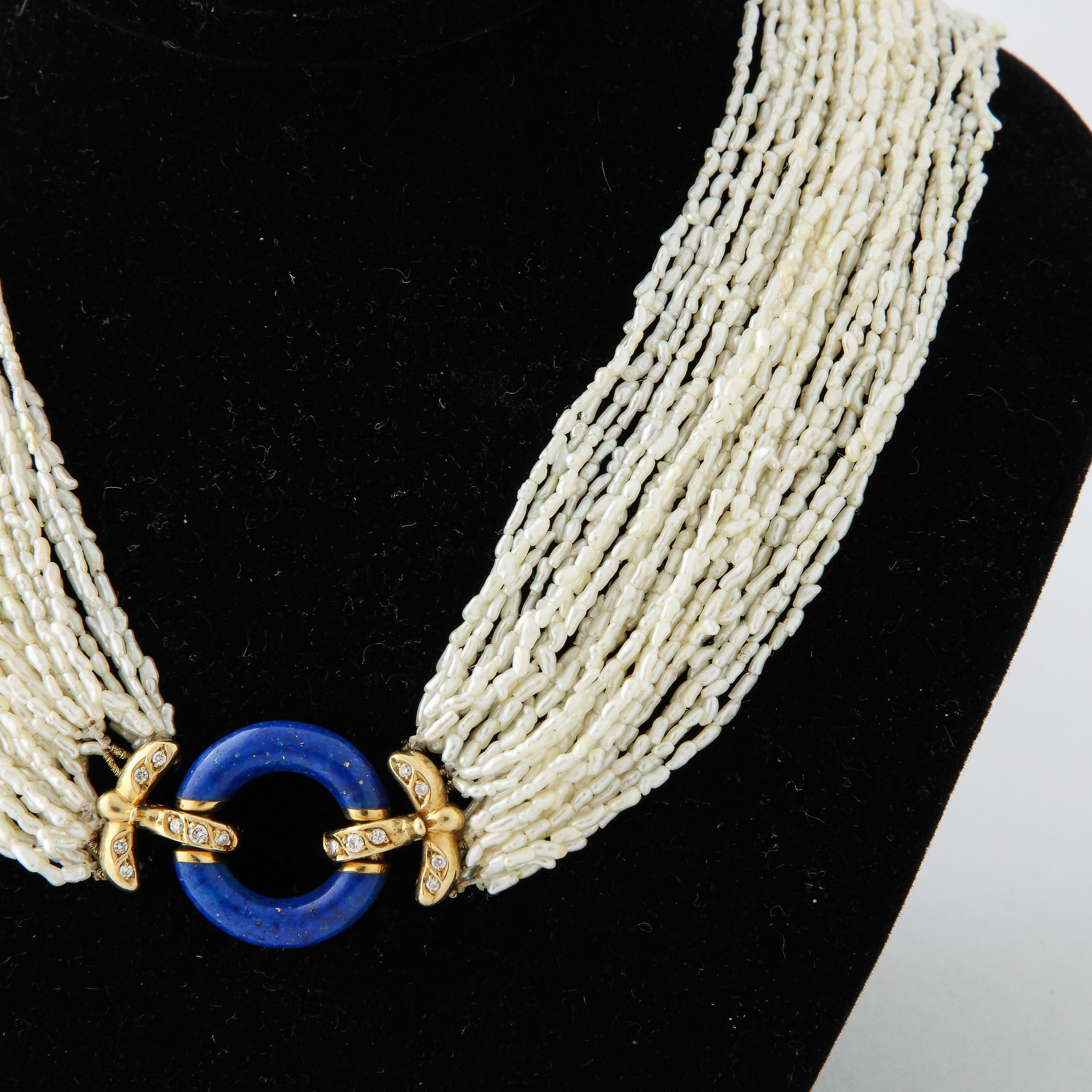 Art Deco Style Seed Pearl Multi Strand Necklace with Lapis, Gold & Diamond Clasp For Sale 7