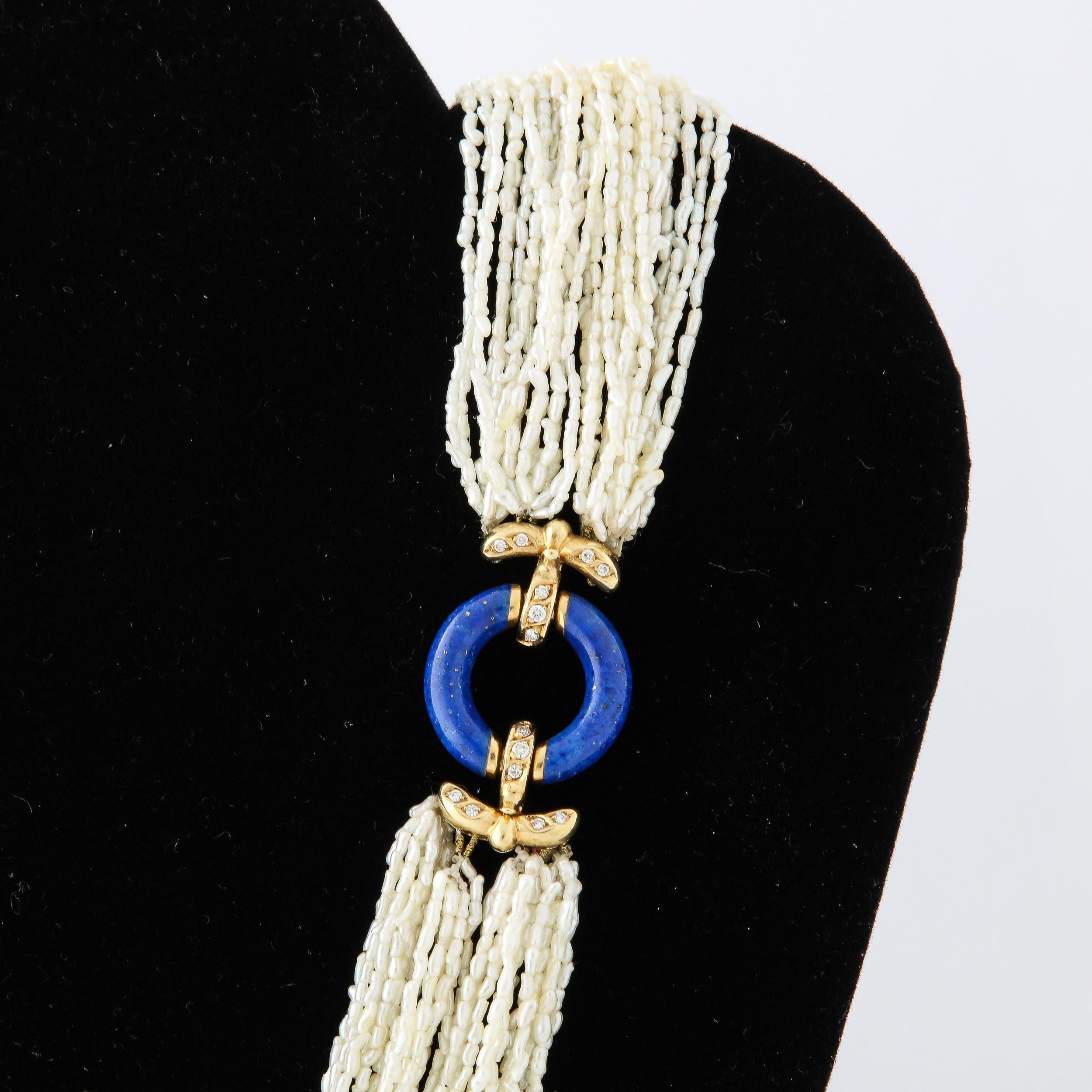 Art Deco Style Seed Pearl Multi Strand Necklace with Lapis, Gold & Diamond Clasp For Sale 8