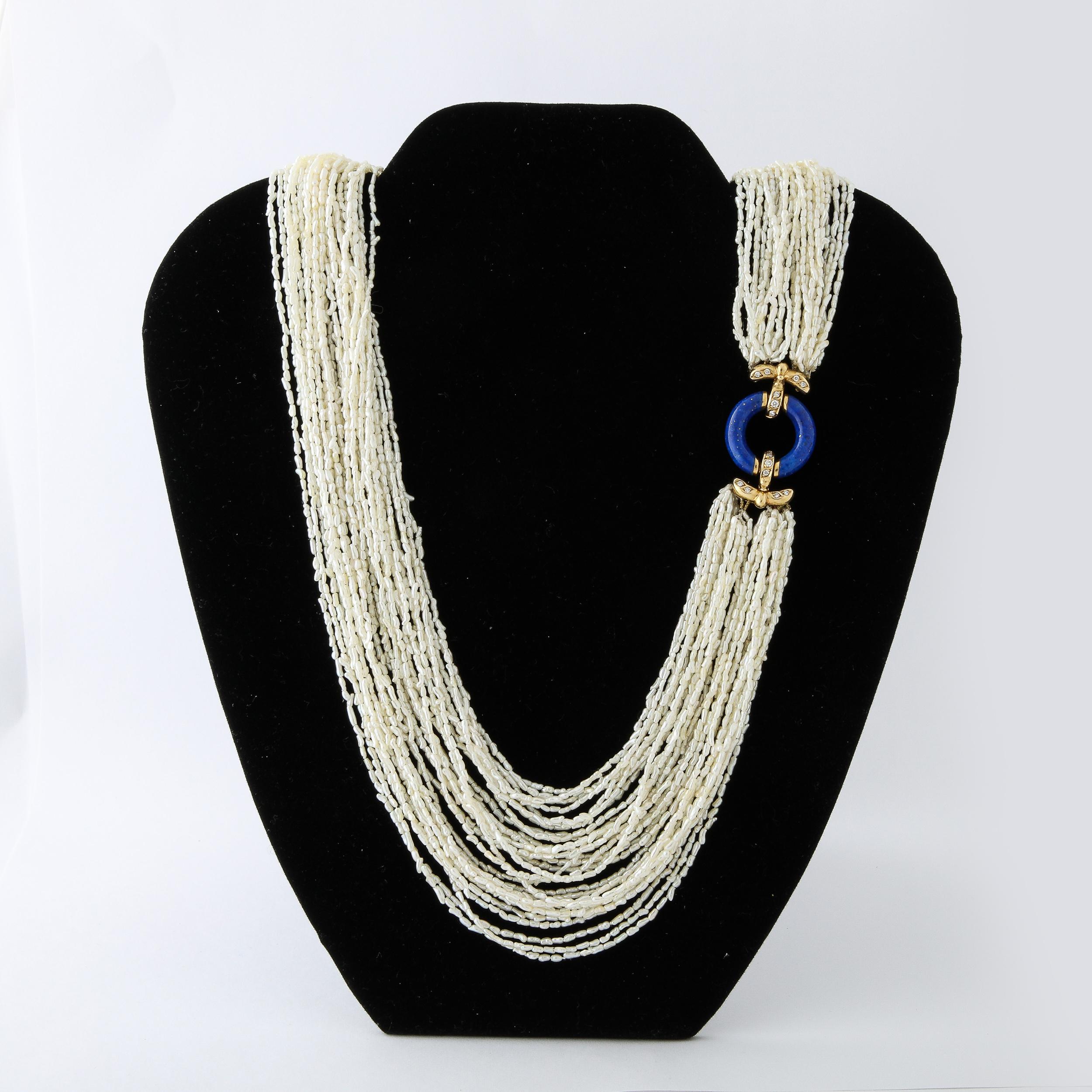 Art Deco Style Seed Pearl Multi Strand Necklace with Lapis, Gold & Diamond Clasp For Sale 10