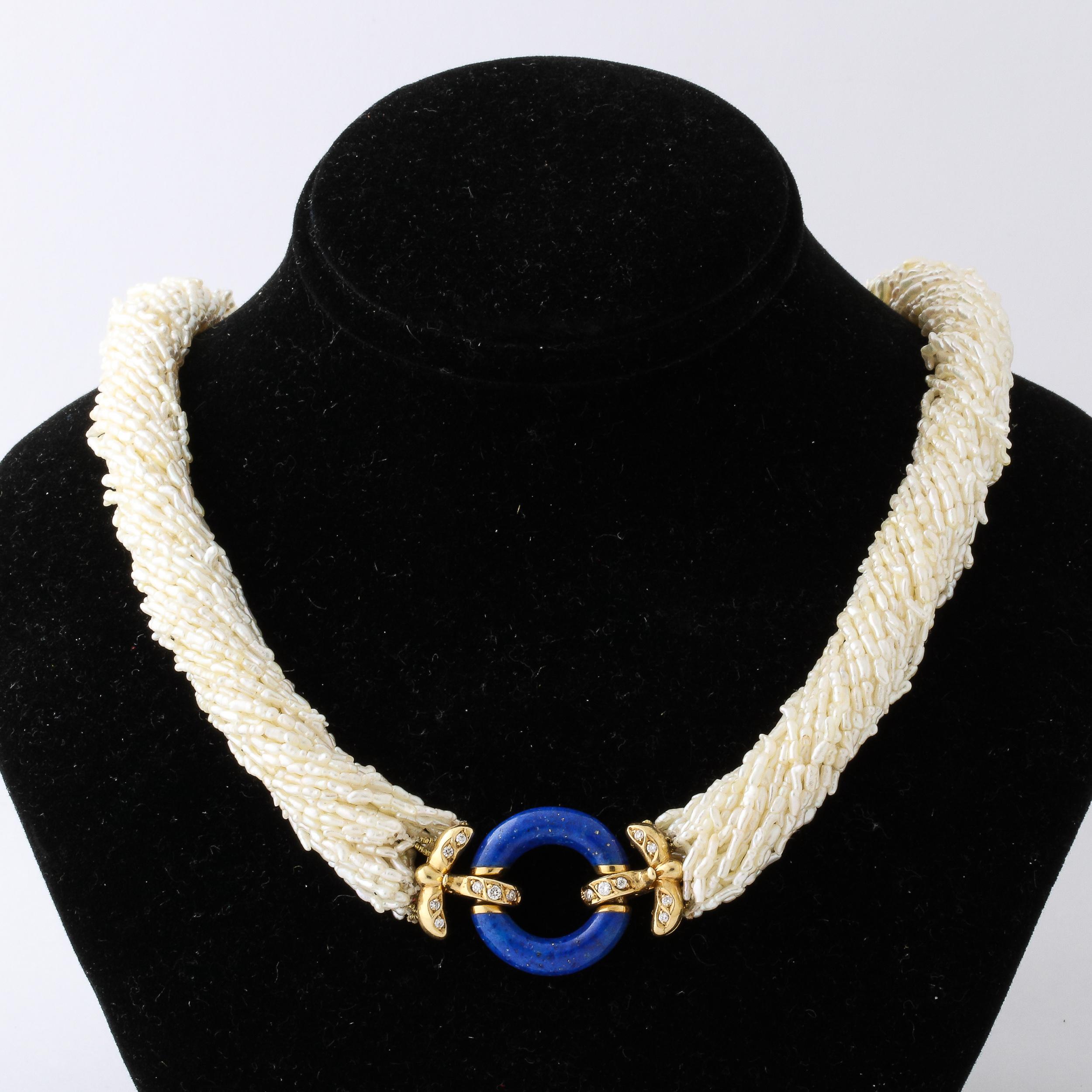 Single Cut Art Deco Style Seed Pearl Multi Strand Necklace with Lapis, Gold & Diamond Clasp For Sale