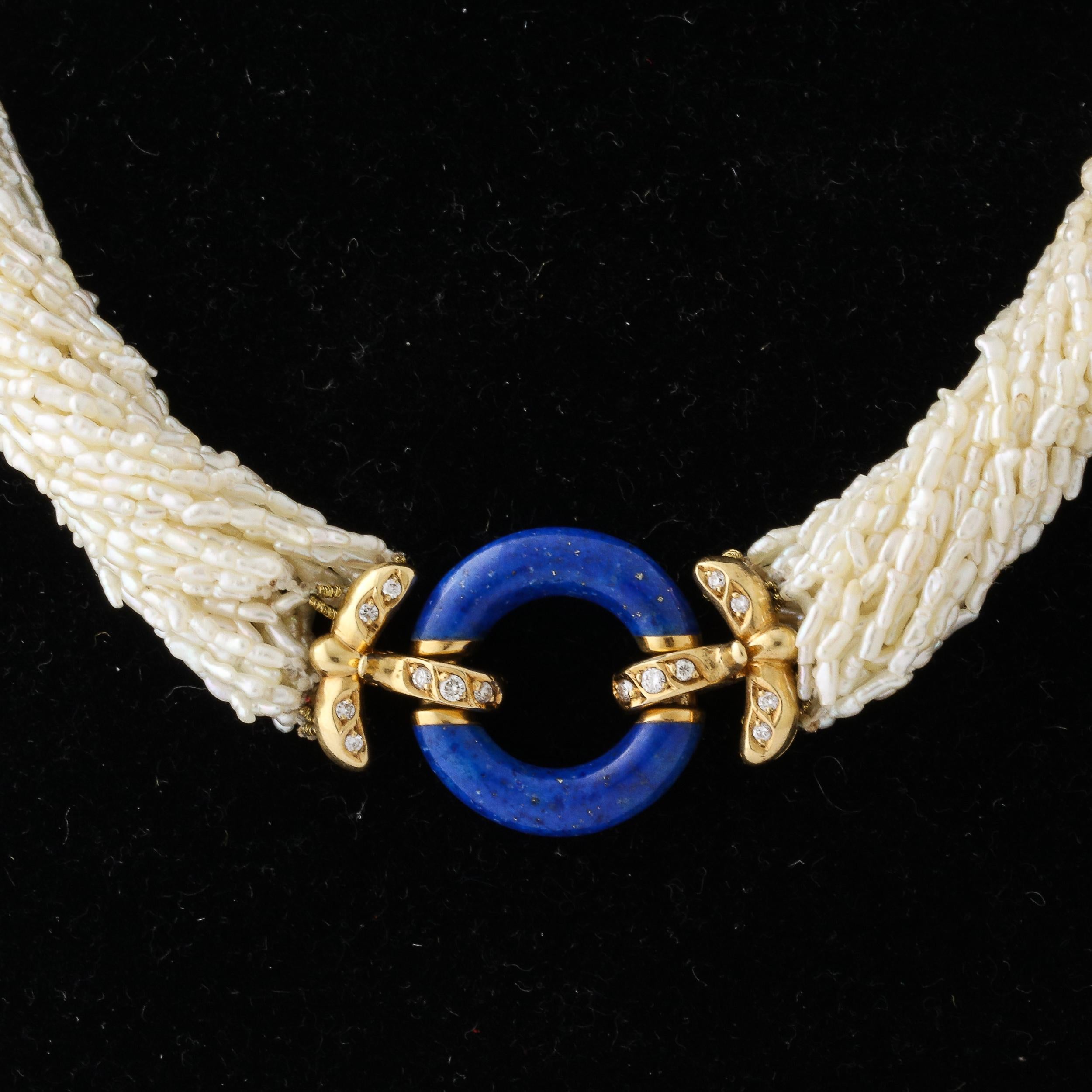 Art Deco Style Seed Pearl Multi Strand Necklace with Lapis, Gold & Diamond Clasp In Excellent Condition For Sale In New York, NY