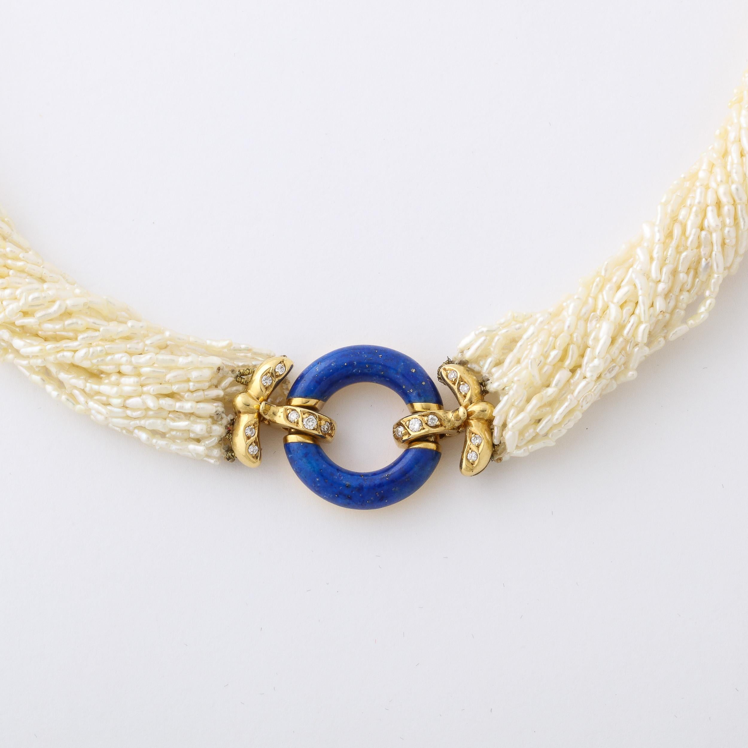 Women's Art Deco Style Seed Pearl Multi Strand Necklace with Lapis, Gold & Diamond Clasp For Sale