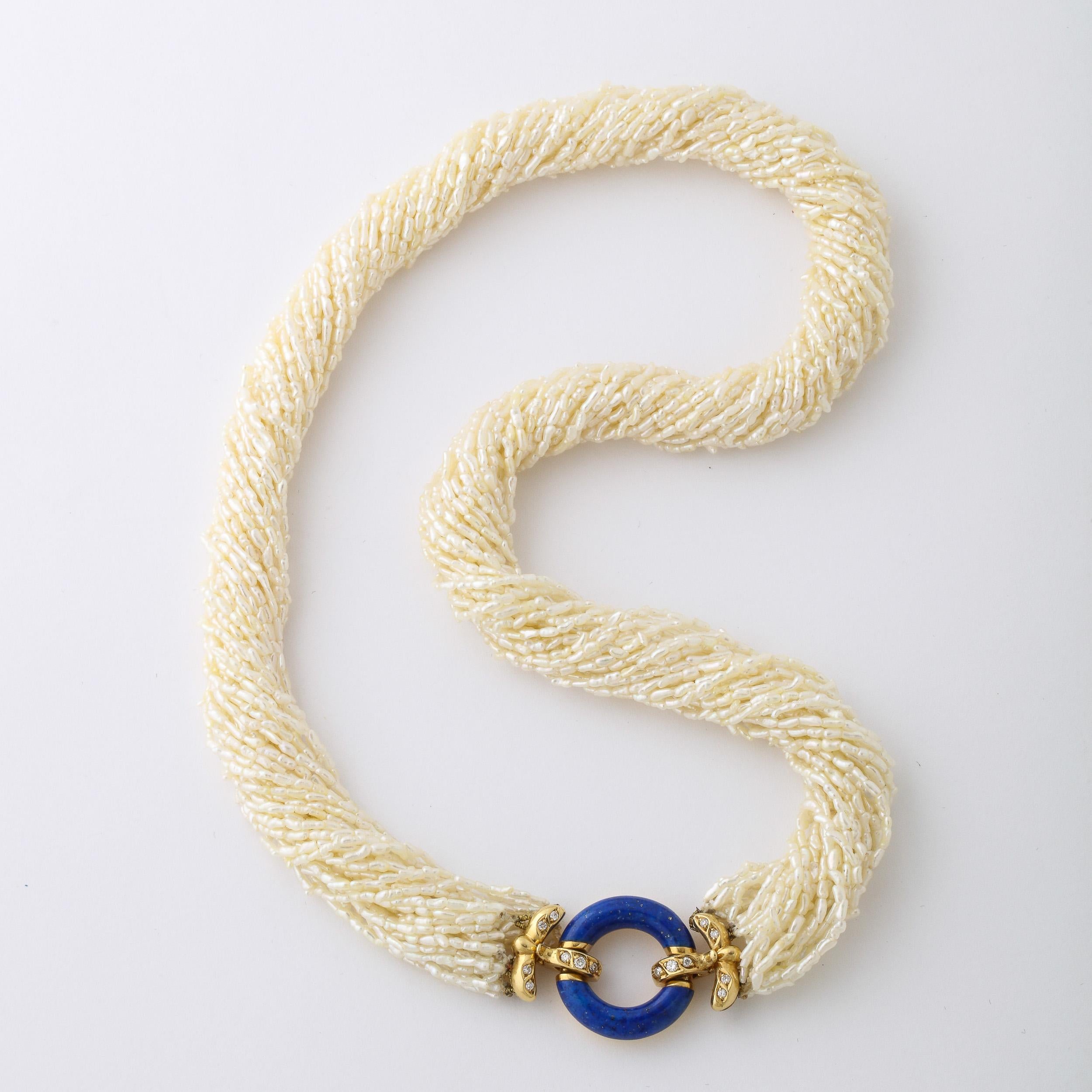 Art Deco Style Seed Pearl Multi Strand Necklace with Lapis, Gold & Diamond Clasp For Sale 1