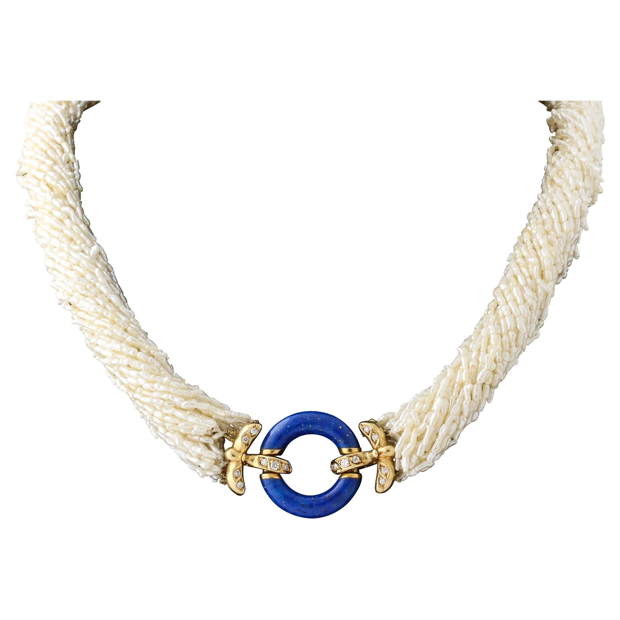 Art Deco Style Seed Pearl Multi Strand Necklace with Lapis, Gold & Diamond Clasp For Sale