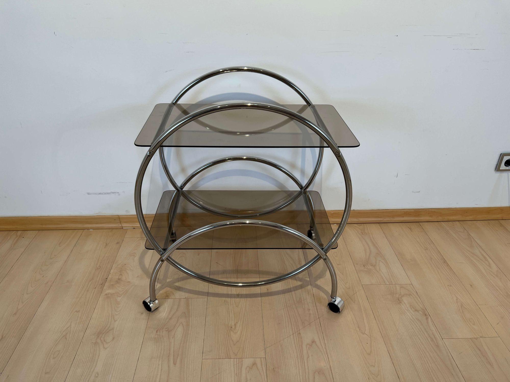 Art Deco Style Serving Trolley or Bar Cart, Chrome and Glass, Germany circa 1970 In Good Condition For Sale In Regensburg, DE