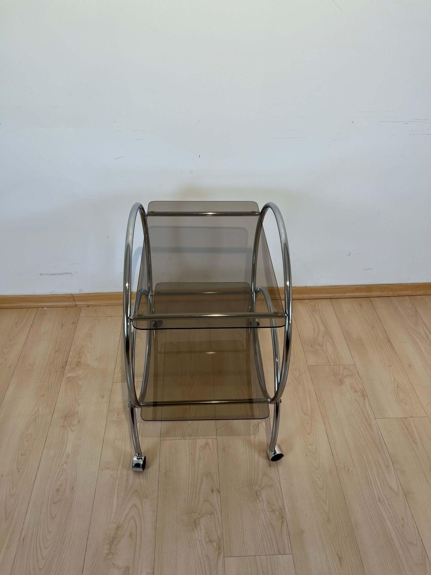Art Deco Style Serving Trolley or Bar Cart, Chrome and Glass, Germany circa 1970 For Sale 1