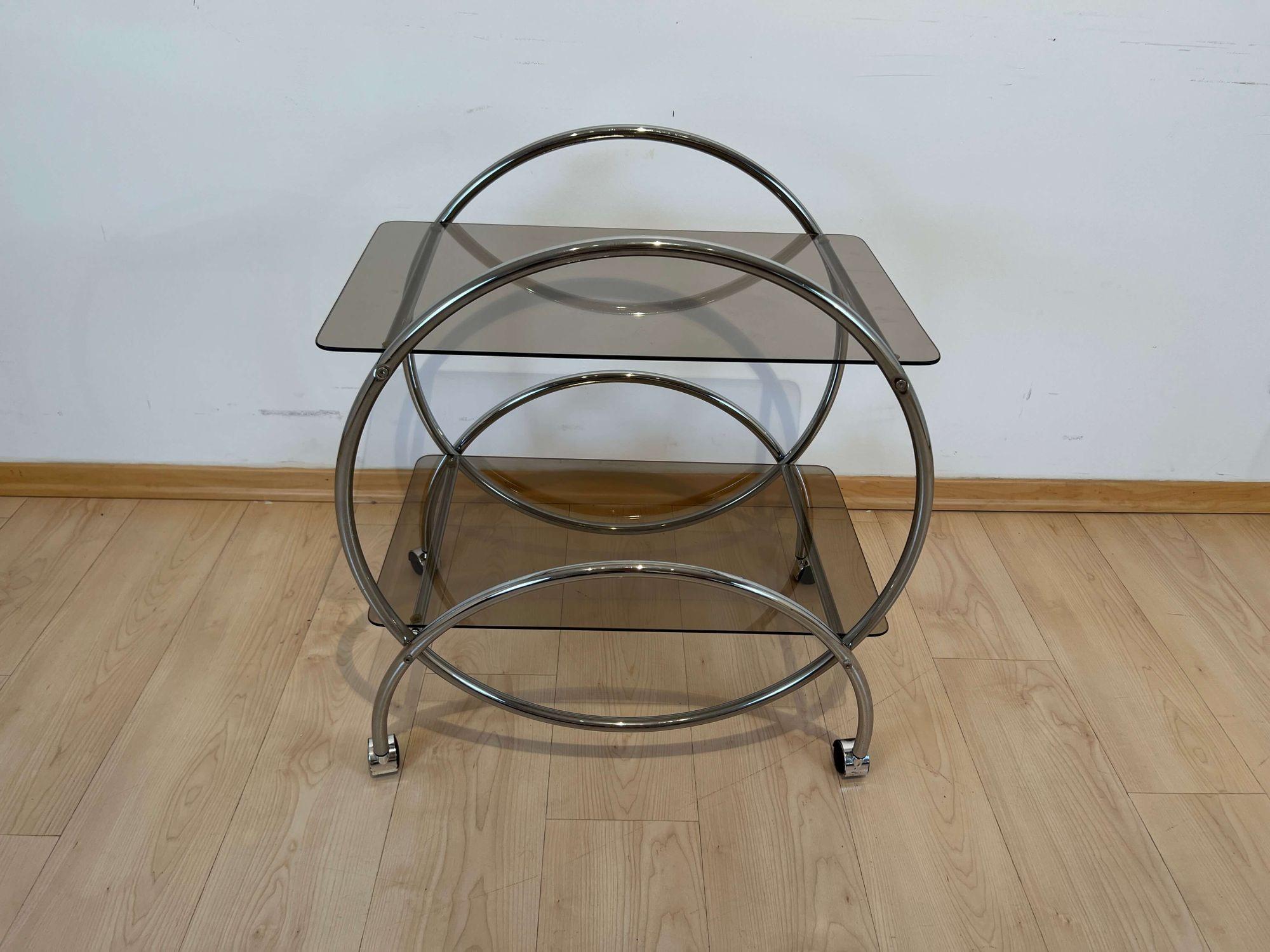 Art Deco Style Serving Trolley or Bar Cart, Chrome and Glass, Germany circa 1970 For Sale 2