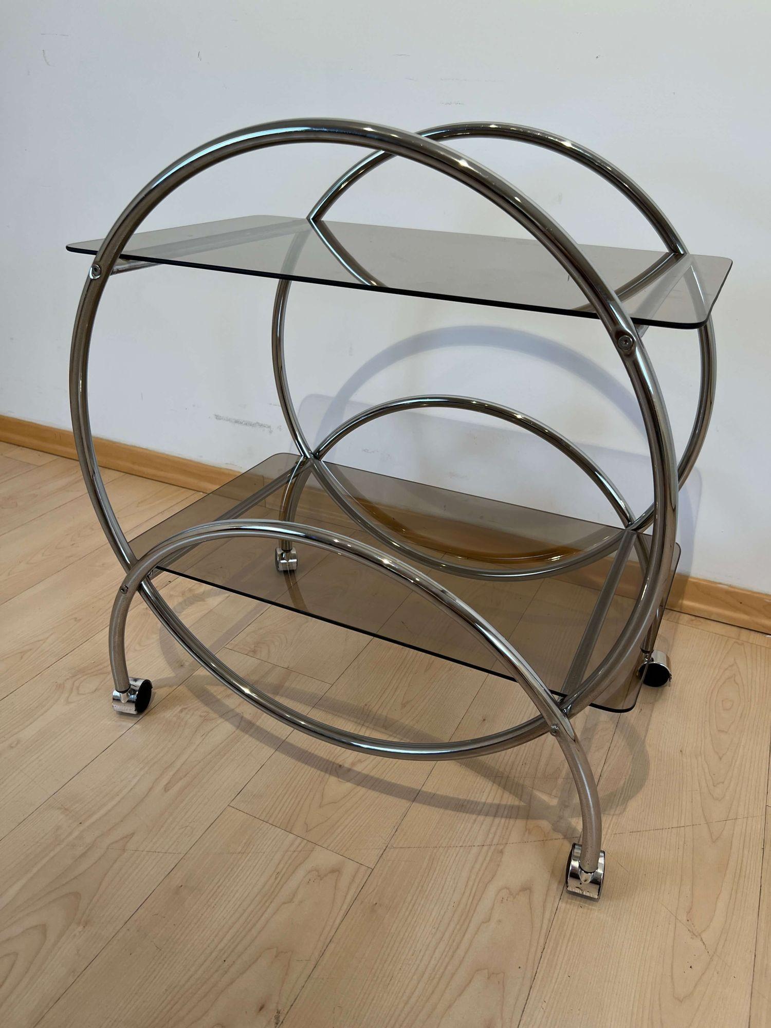 Art Deco Style Serving Trolley or Bar Cart, Chrome and Glass, Germany circa 1970 For Sale 3