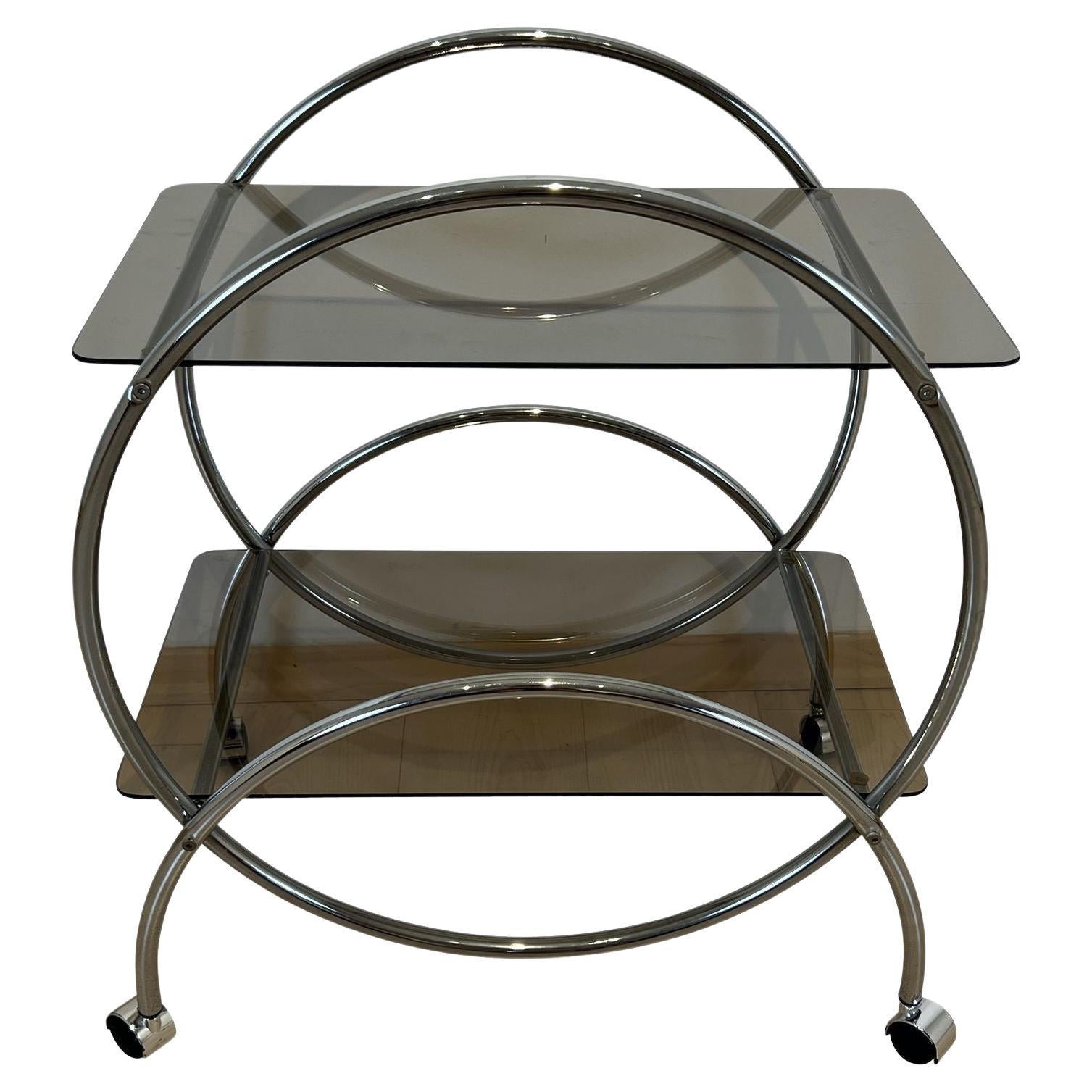Art Deco Style Serving Trolley or Bar Cart, Chrome and Glass, Germany circa 1970 For Sale