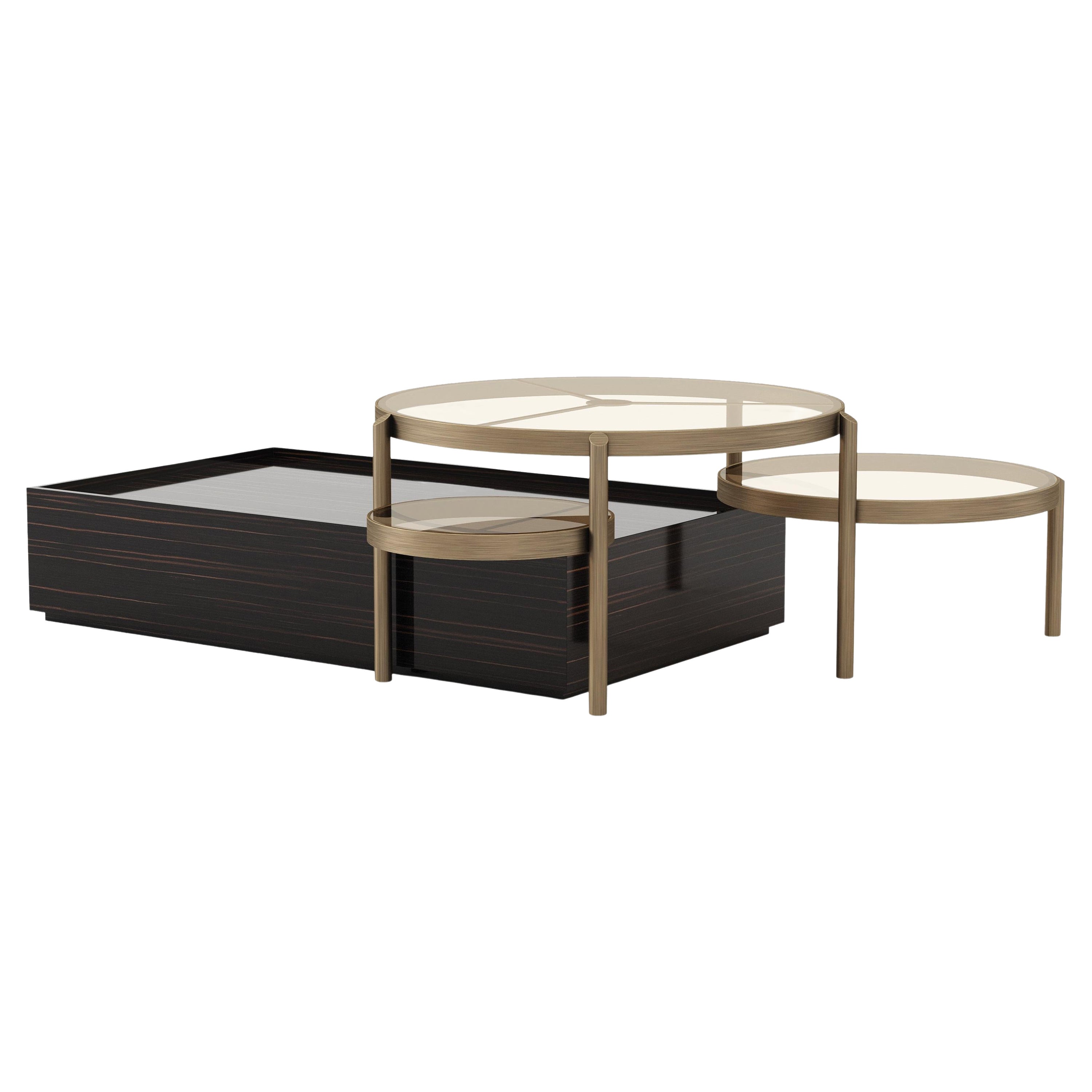 Art Deco Stil Set Her Couchtisch mit Ebenholz und Messing, Handgefertigt