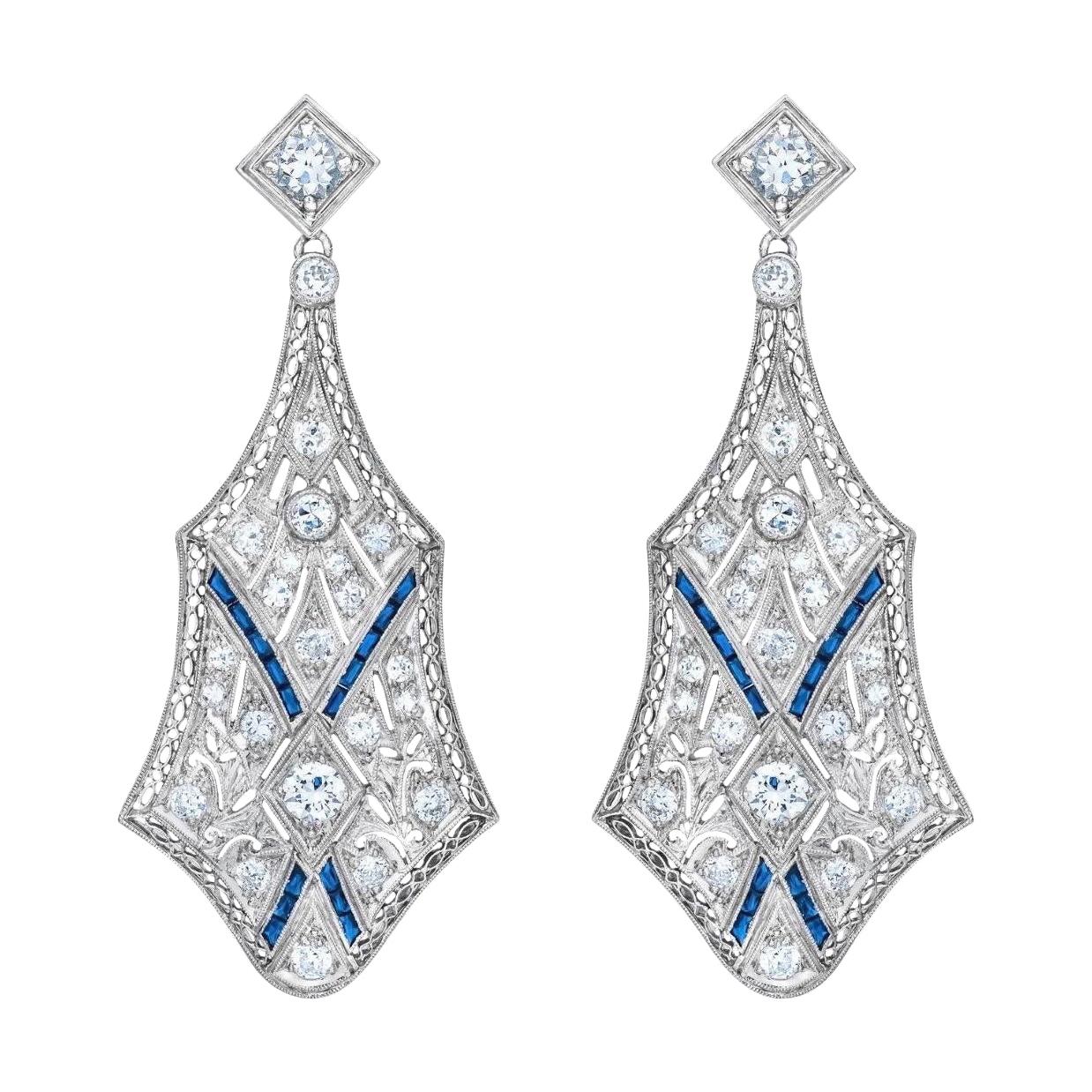 Art Deco Style Shield Diamond Platinum Dangling Earrings