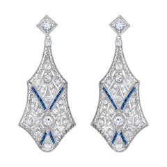 Antique Art Deco Style Shield Diamond Platinum Dangling Earrings