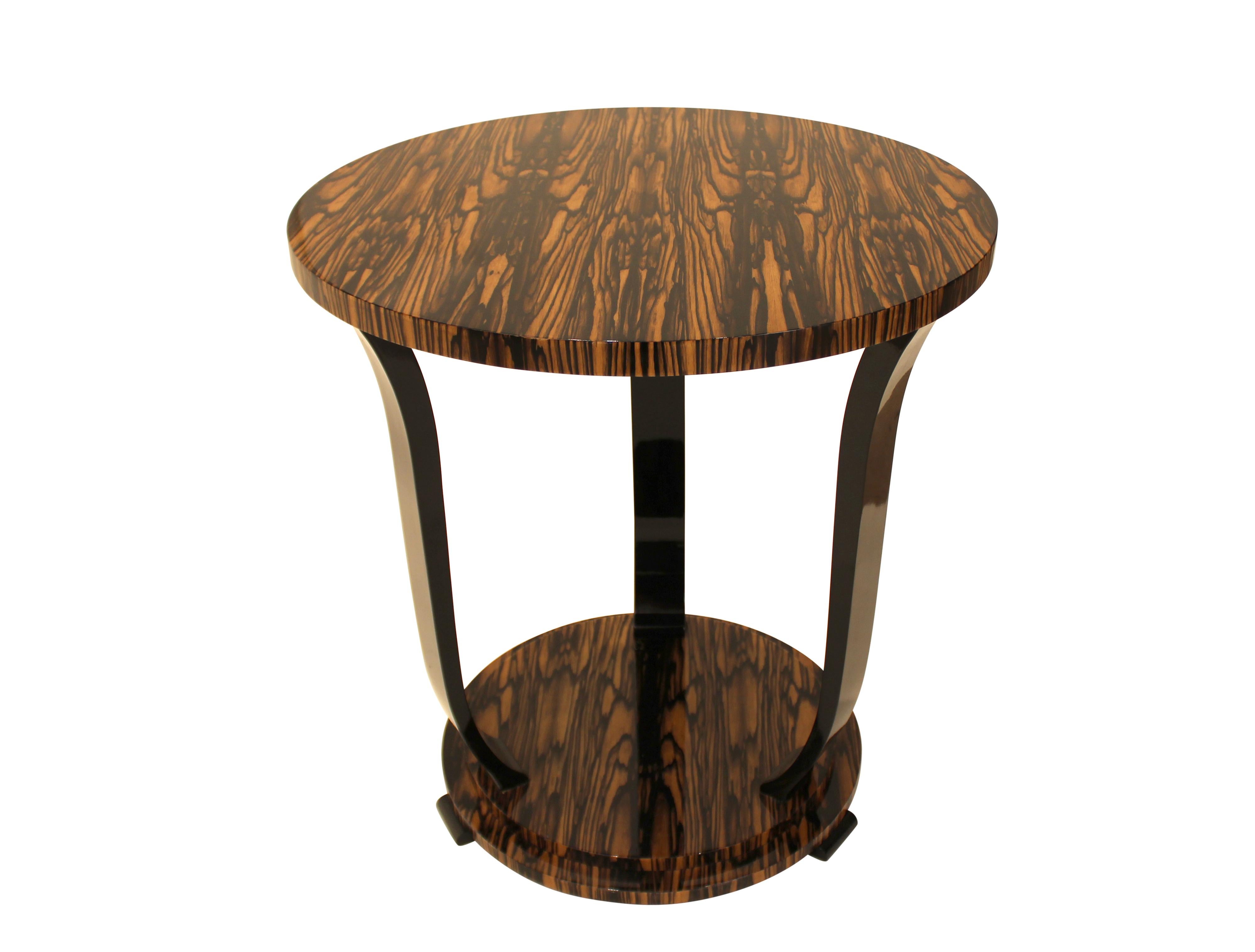 Art Deco inspired side table in stunning White Ebony (or Royal Ebony) veneer and sculptural ebonized legs is fully customizable with various veneers available; size adjustments can be included in customization process. Minimalistic shape of the