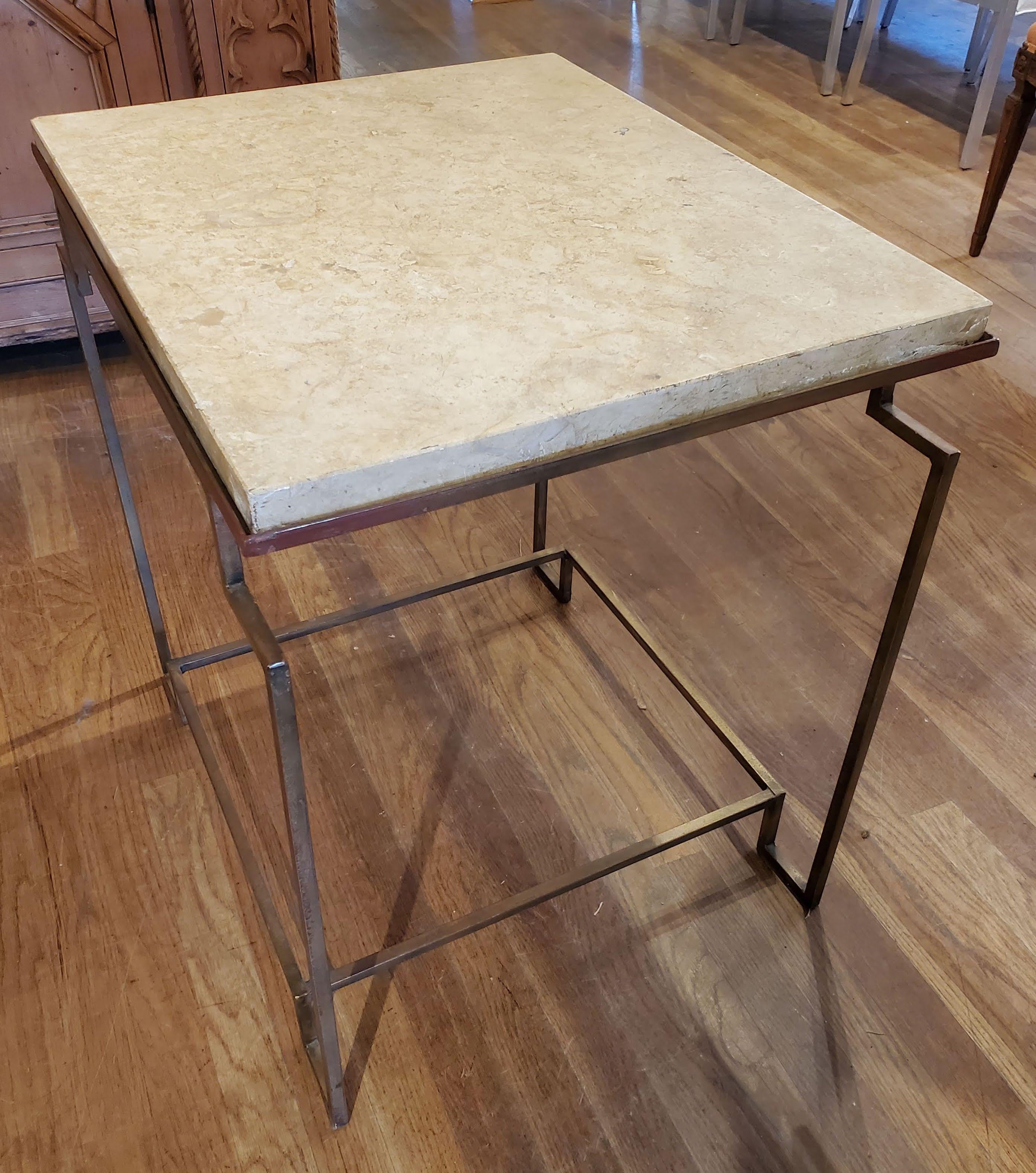 American Art Deco Style Side Table with Off White Marble Top and Gilt Metal Base