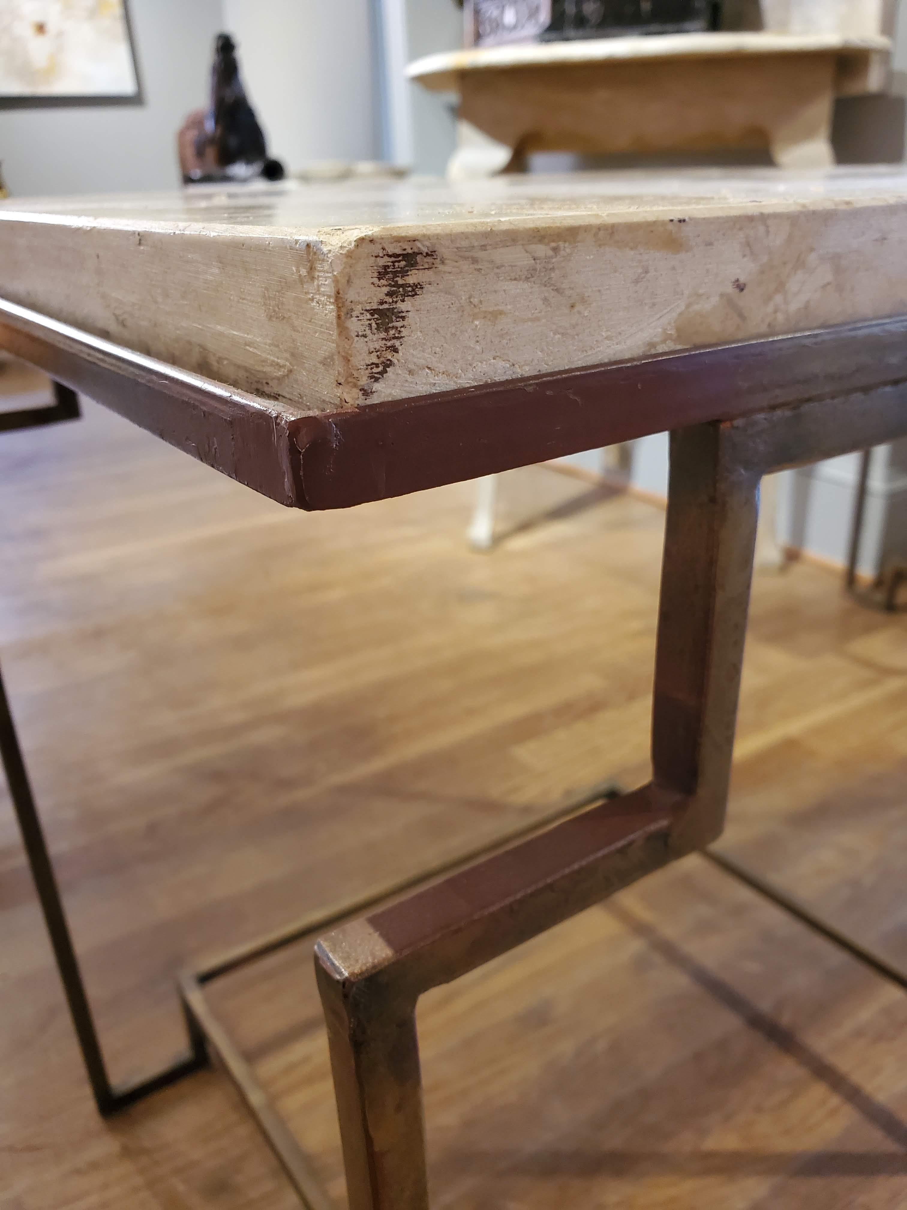 Steel Art Deco Style Side Table with Off White Marble Top and Gilt Metal Base