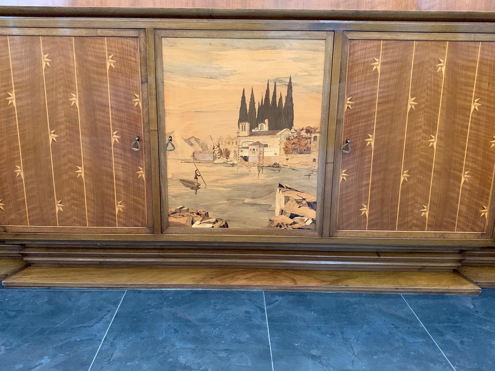Sideboard cabinet with drawers and doors, in cherry wood selection, built with disassembly system, three central compartments, base and top. Excellent quality carpentry. The base unit opens to accommodate an order of lines that widen and close until