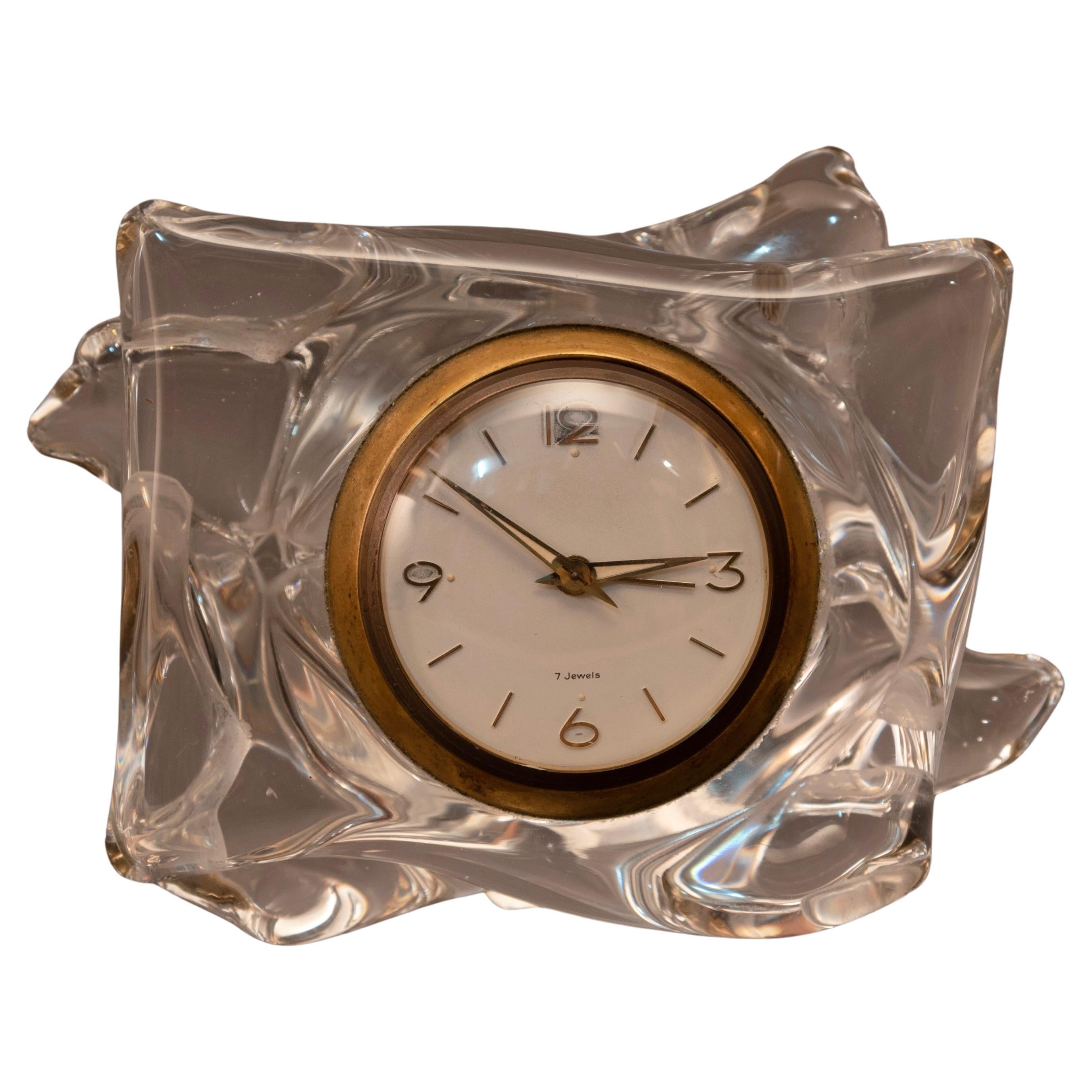 Art Deco Style Signed French Crystal Table Clock from Schneider