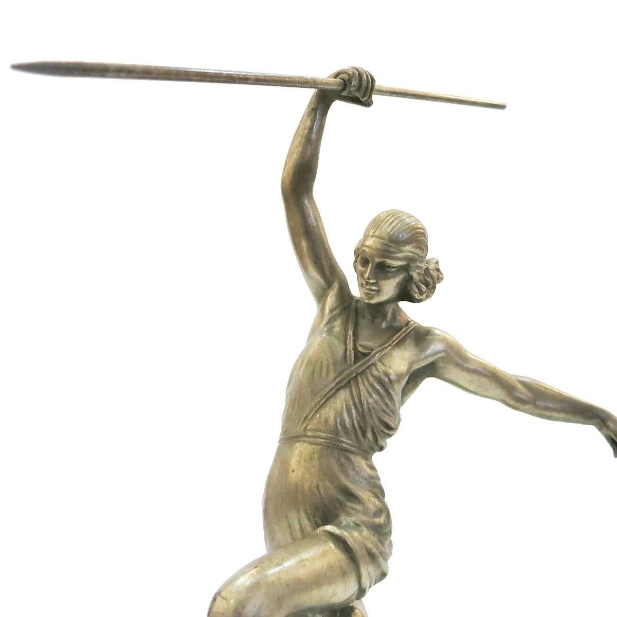 American Art Deco Style Silver Finished Bronze Female Roman Warrior with Spear on Marble