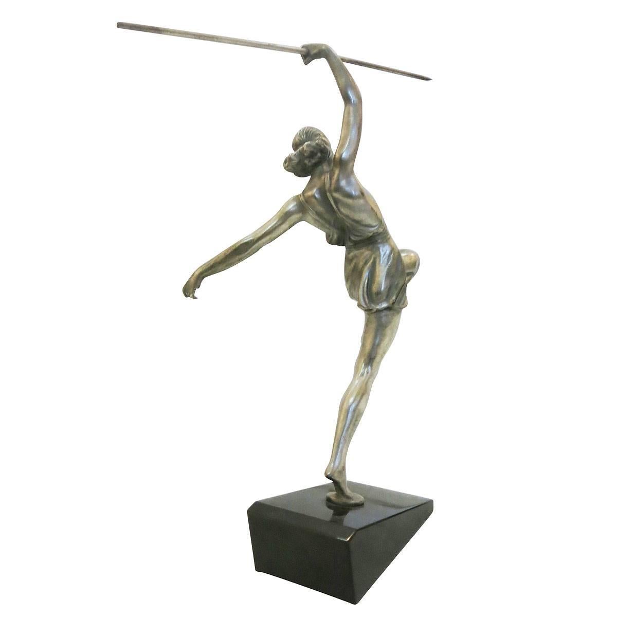 Art Deco Style Silver Finished Bronze Female Roman Warrior with Spear on Marble In Excellent Condition In Van Nuys, CA