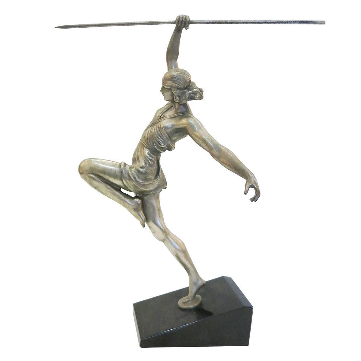 Contemporary Art Deco Style Silver Finished Bronze Female Roman Warrior with Spear on Marble