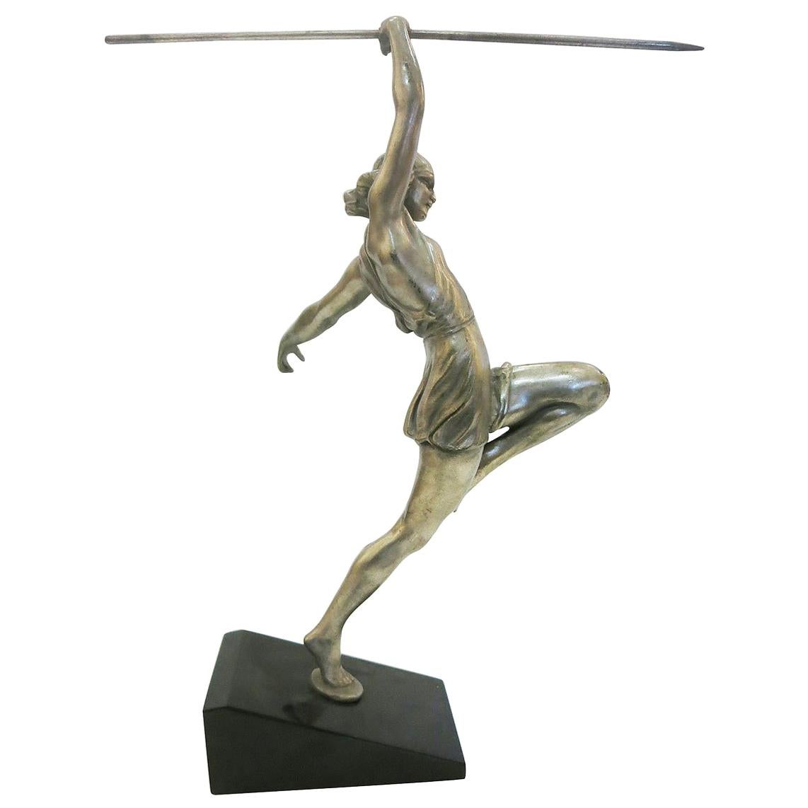 Art Deco Style Silver Finished Bronze Female Roman Warrior with Spear on Marble