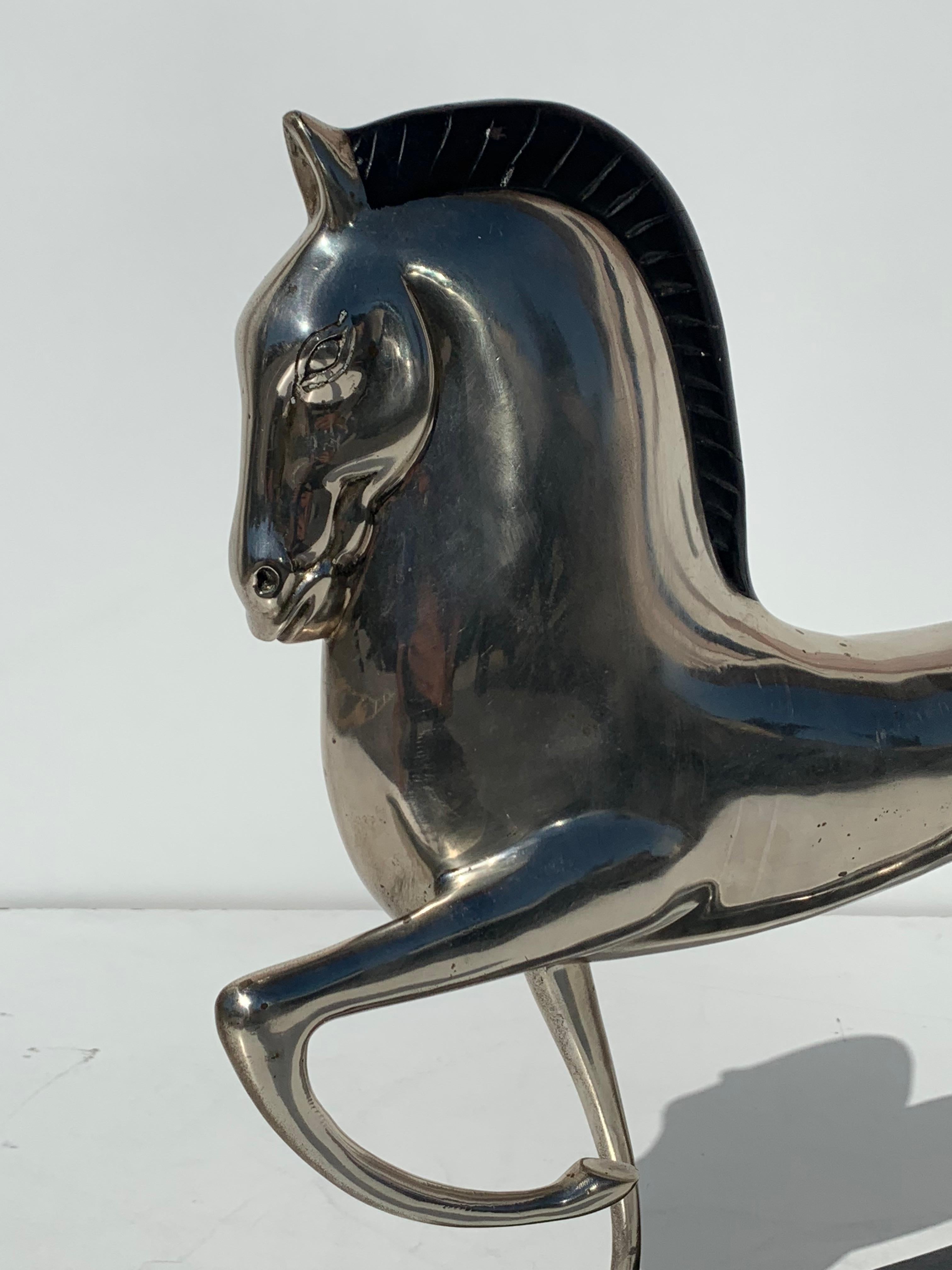 Art Deco Style Silvered Brass Etruscan Horse Sculpture In Good Condition For Sale In North Hollywood, CA