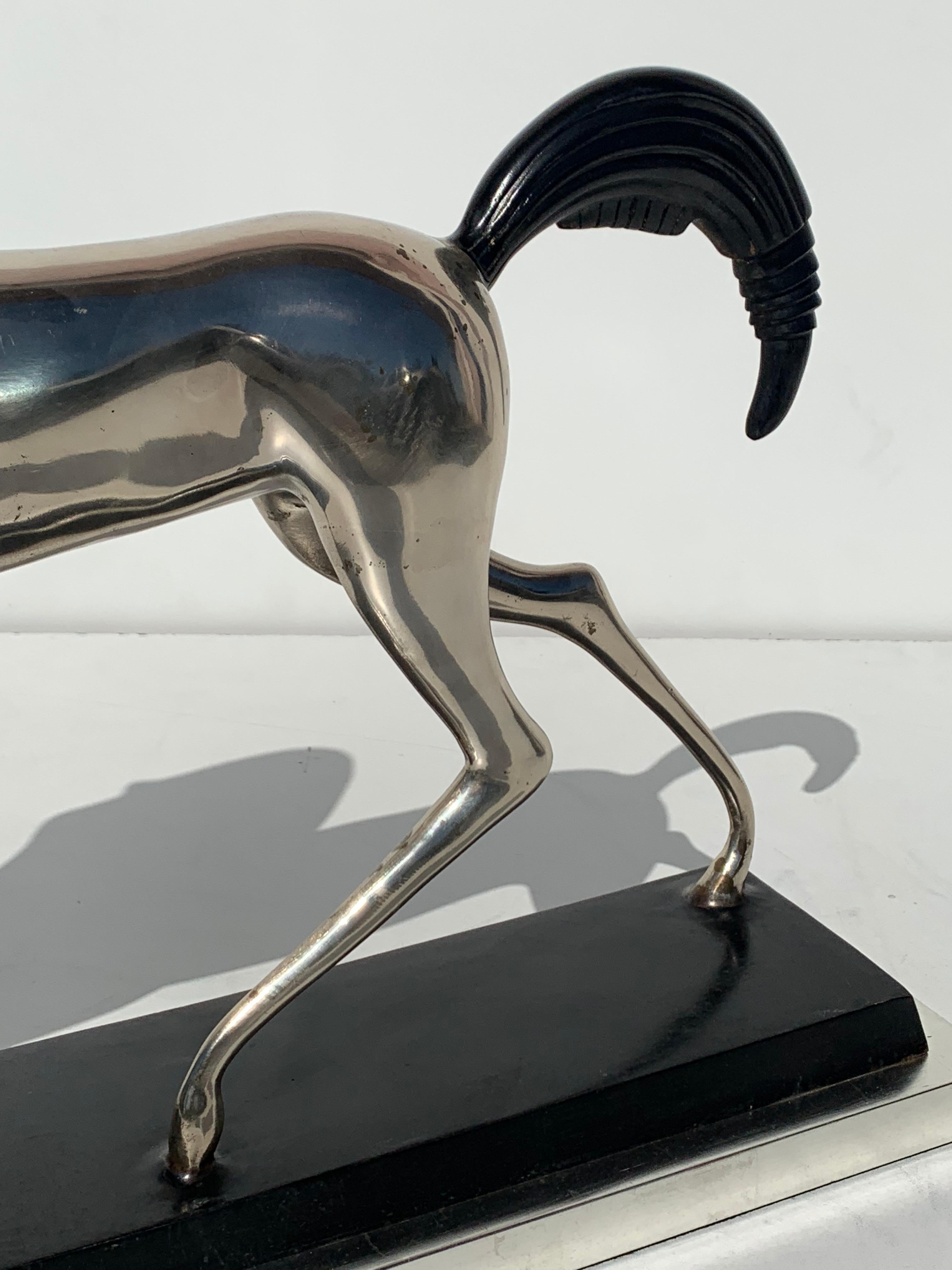 Early 20th Century Art Deco Style Silvered Brass Etruscan Horse Sculpture For Sale