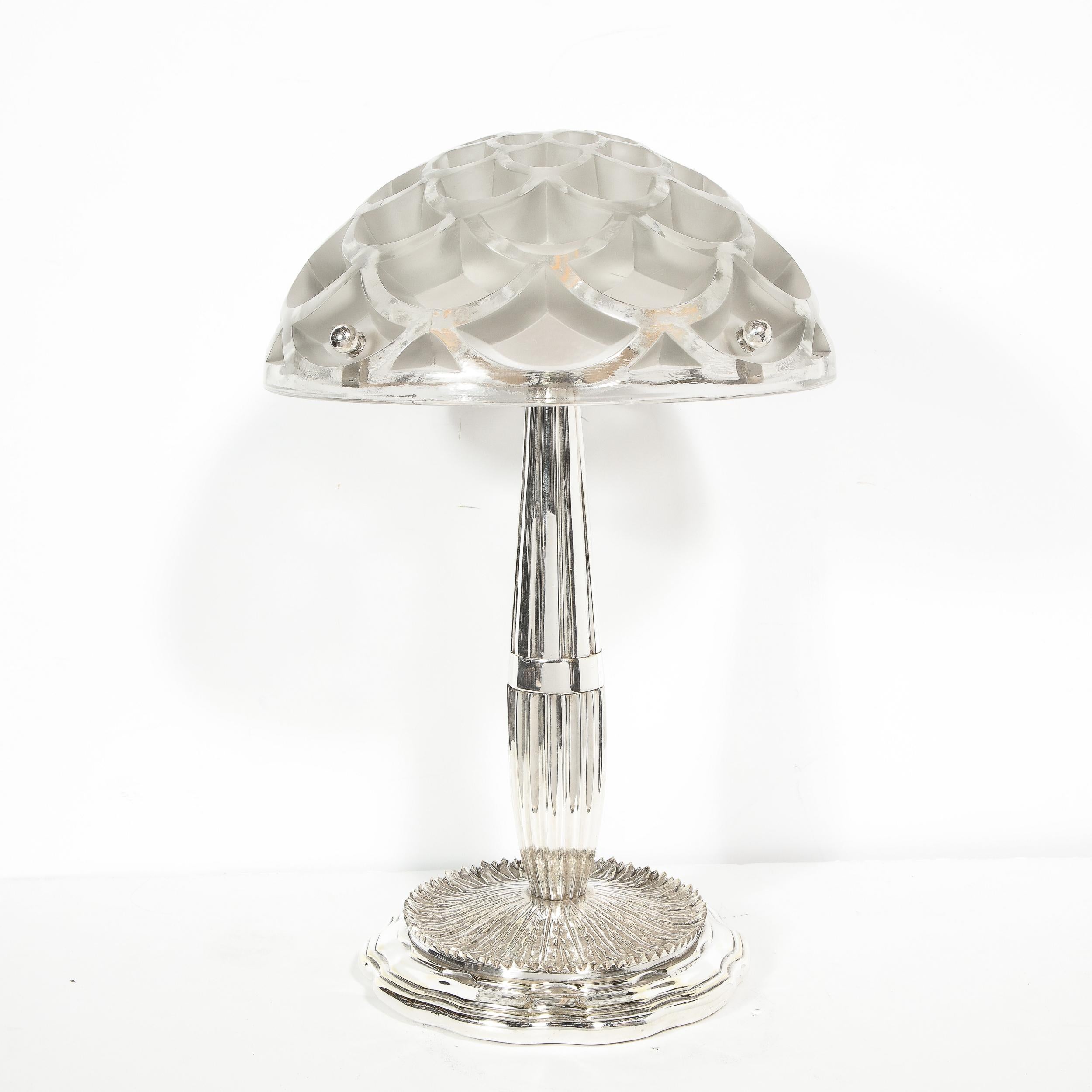 Art Deco Style Silvered Bronze Table Lamp with Rinceaux Shade Signed by Lalique 5