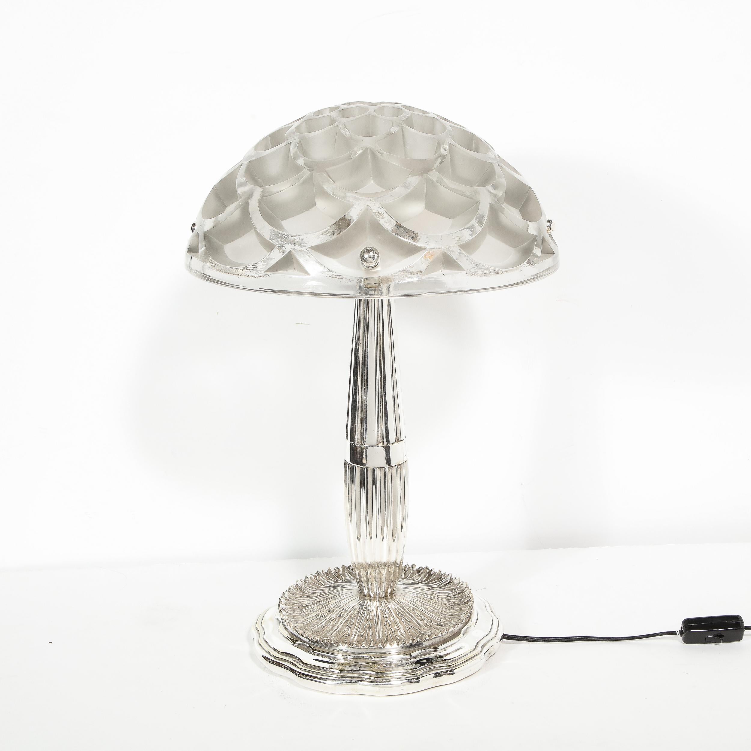 Art Deco Style Silvered Bronze Table Lamp with Rinceaux Shade Signed by Lalique 6