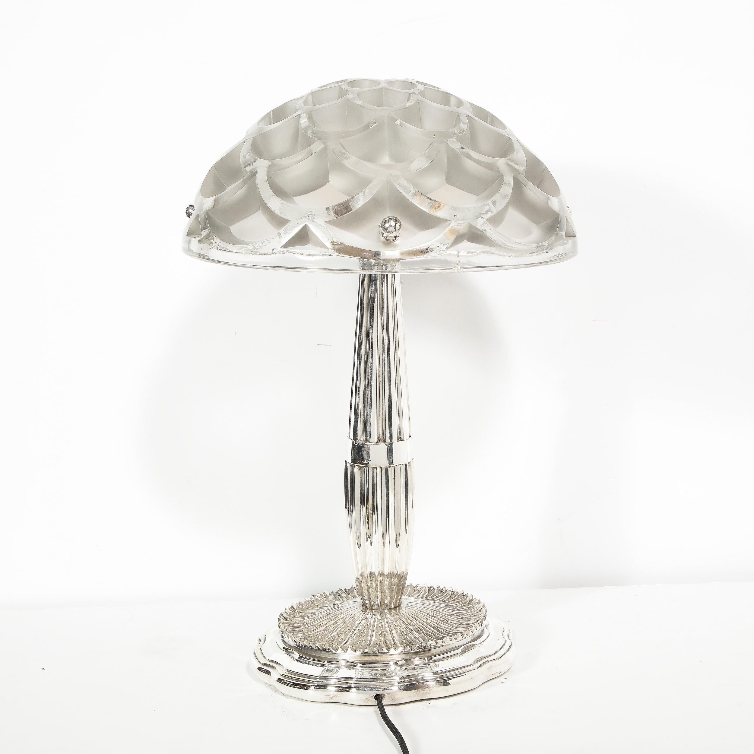 Art Deco Style Silvered Bronze Table Lamp with Rinceaux Shade Signed by Lalique 7