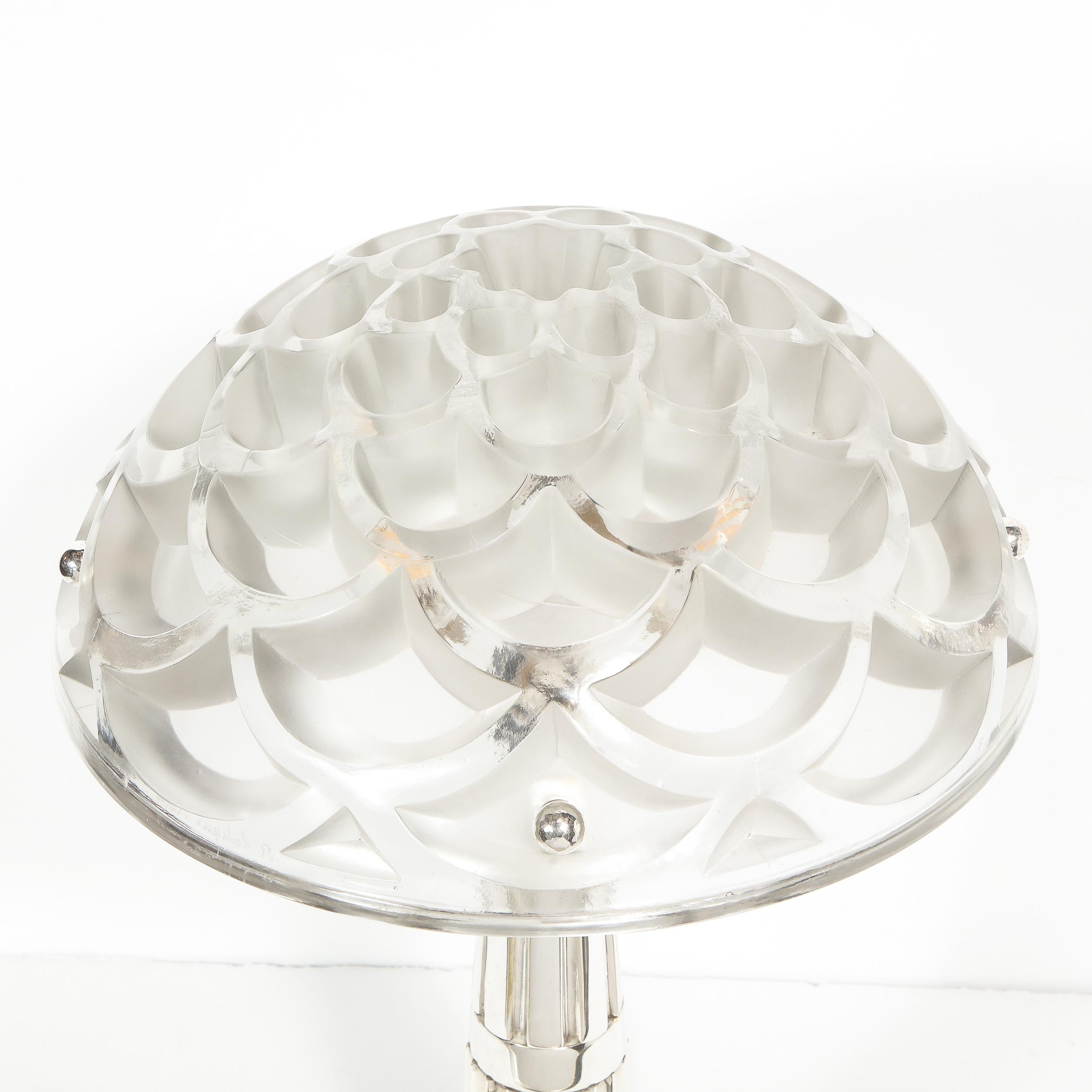 20th Century Art Deco Style Silvered Bronze Table Lamp with Rinceaux Shade Signed by Lalique