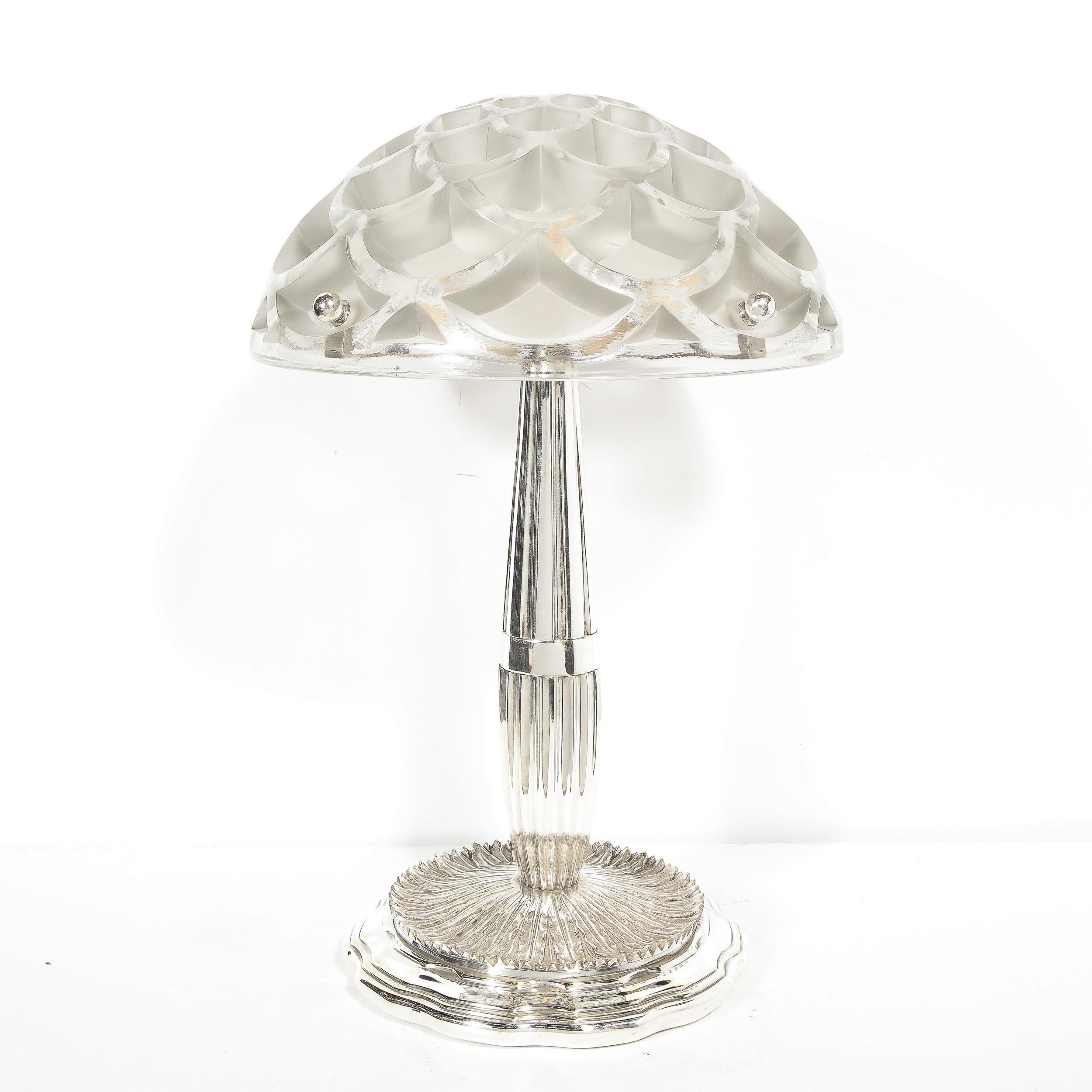 Art Deco Style Silvered Bronze Table Lamp with Rinceaux Shade Signed by Lalique 3
