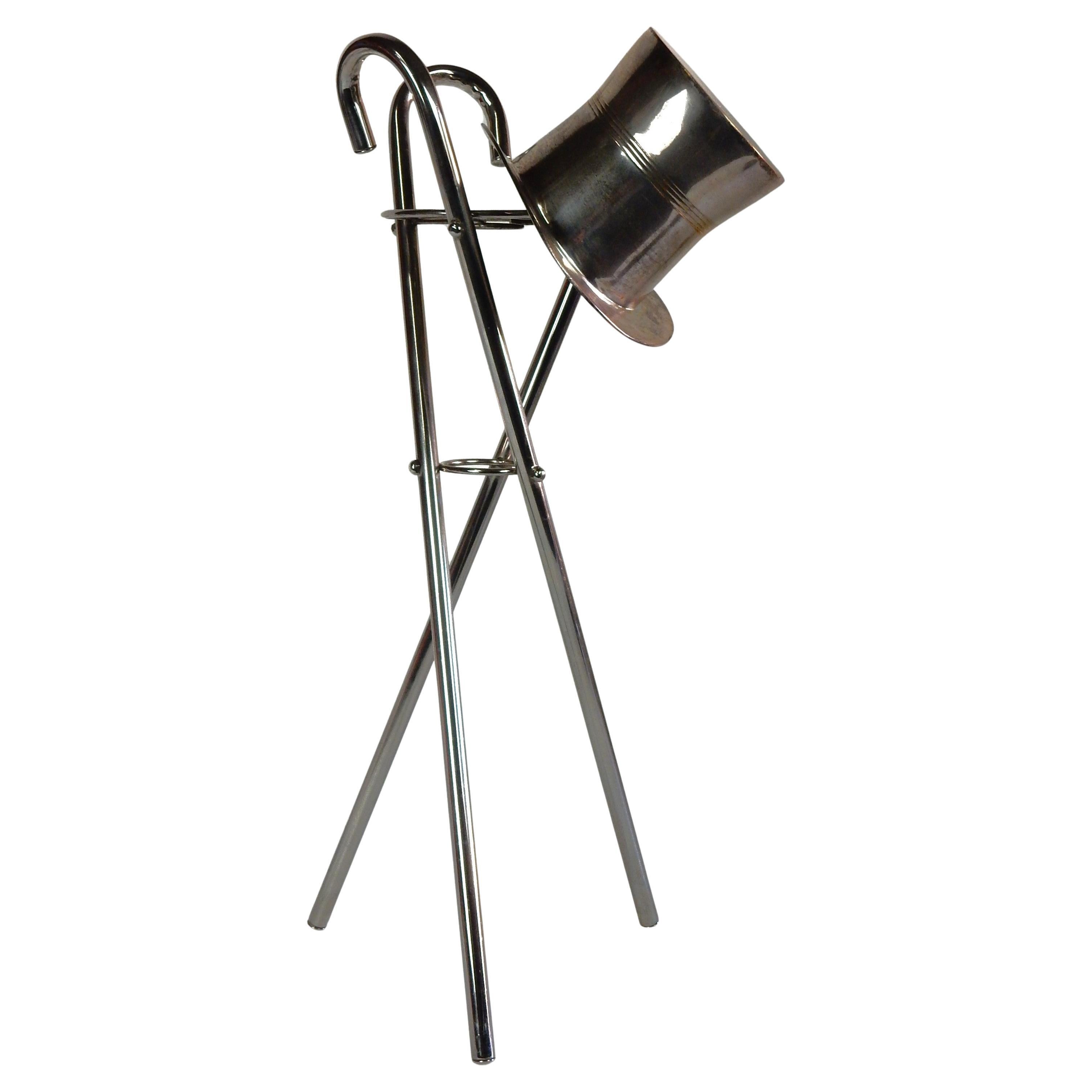 Art Deco Style Silvered Top Hat Champagne Ice Bucket with Walking Cane Stand In Good Condition For Sale In Las Vegas, NV